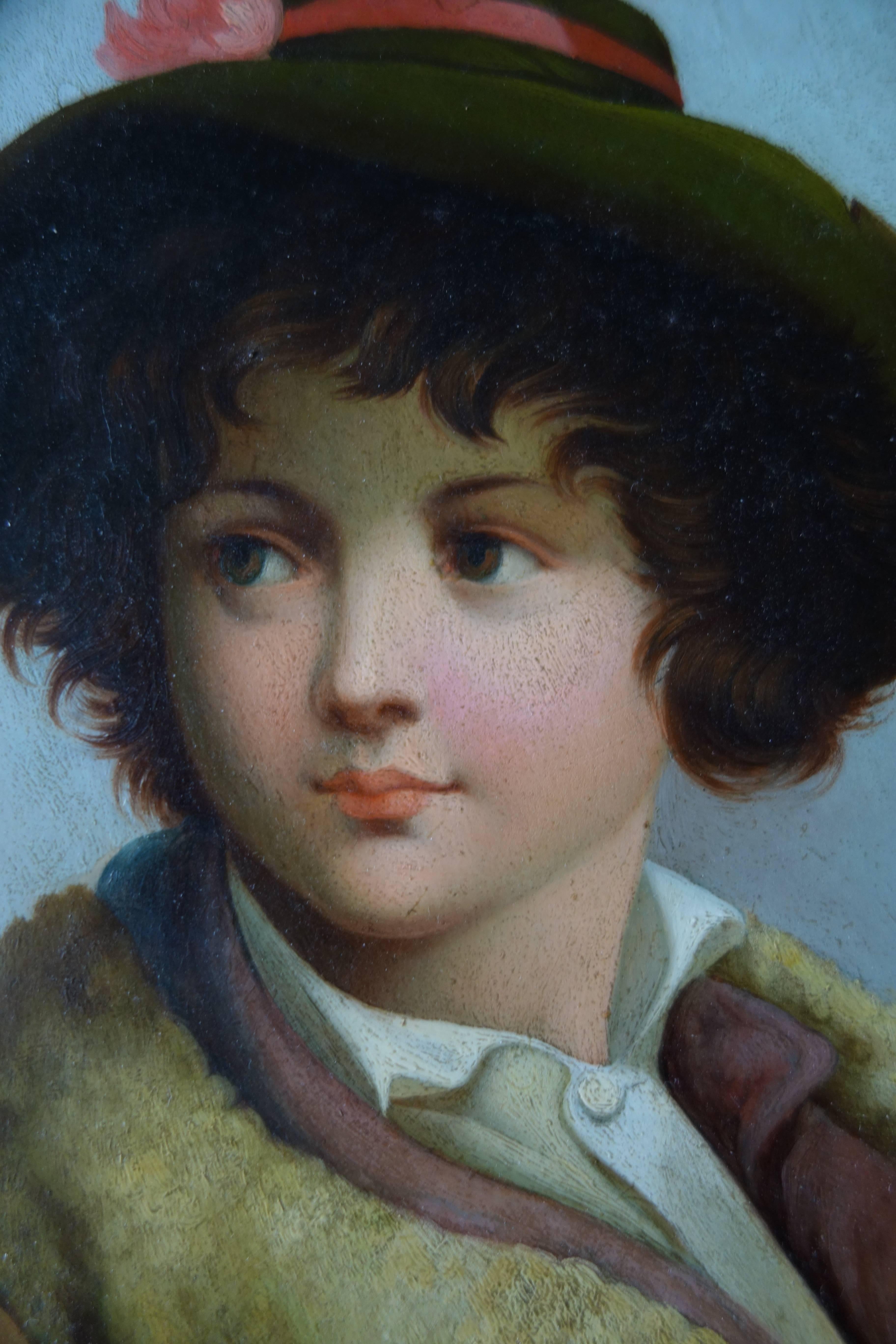 Antique oval oil painting of a boy with hat.
It is signed on the back: L.E. Gaches Larey 1890, and further inscription
Brigham Vicarage. Probably an English painter.
Some damage to the frame.

    