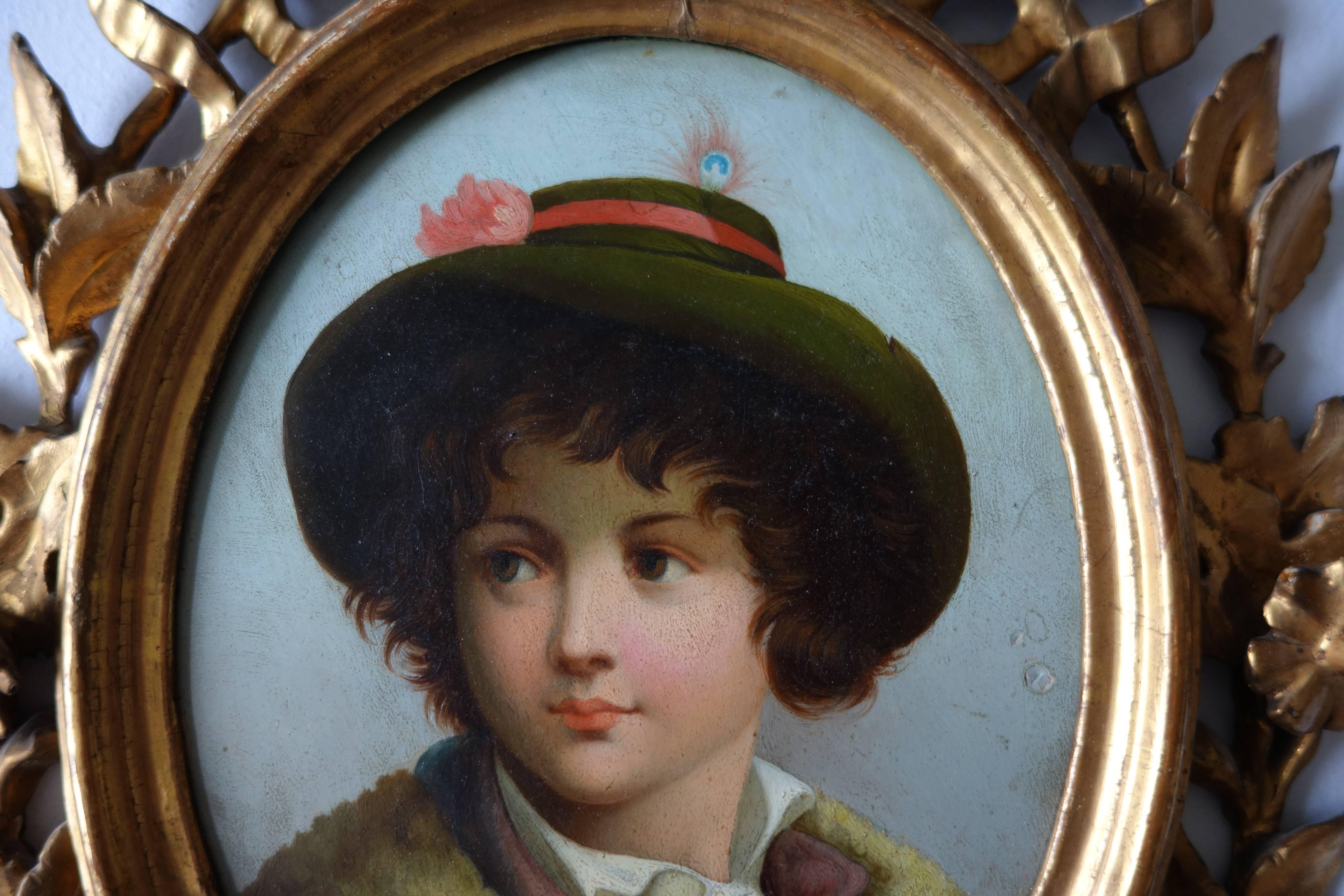 English 19th Century, Oval Portrait of a Boy with Hat, Signed L.E. Gaches Larey