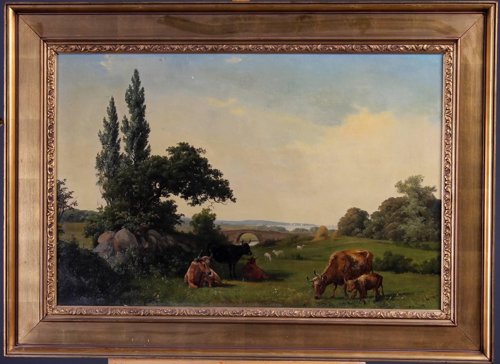Danish summer landscape with cows and sheep, in the background the river and a bridge with a person on a horse-drawn carriage.
Oil painting on canvas by the Danish landscape painter Axel Schovelin (1827-1893).