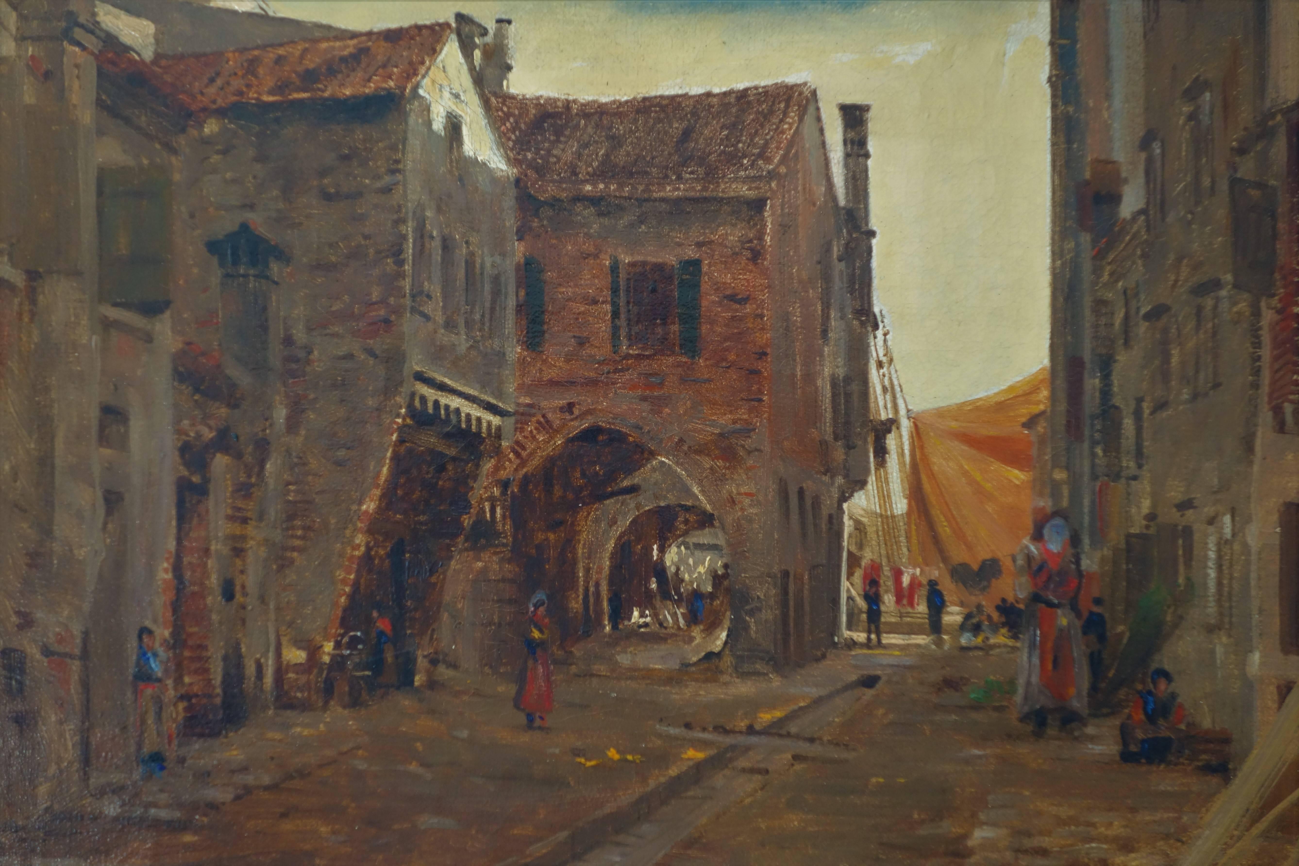 Painting by I.T. Hansen (1848 -1912) signed on the back: I. Th. Hansen, Gade i Chioggia ved Venedig 1889 (I. Th. Hansen, Street in Chioggia by Venice 1889).
Dimensions: 41.5 cm x 31 cm. / 16.34 in x 12.21 in.
Josef Theodor Hansen was a Danish
