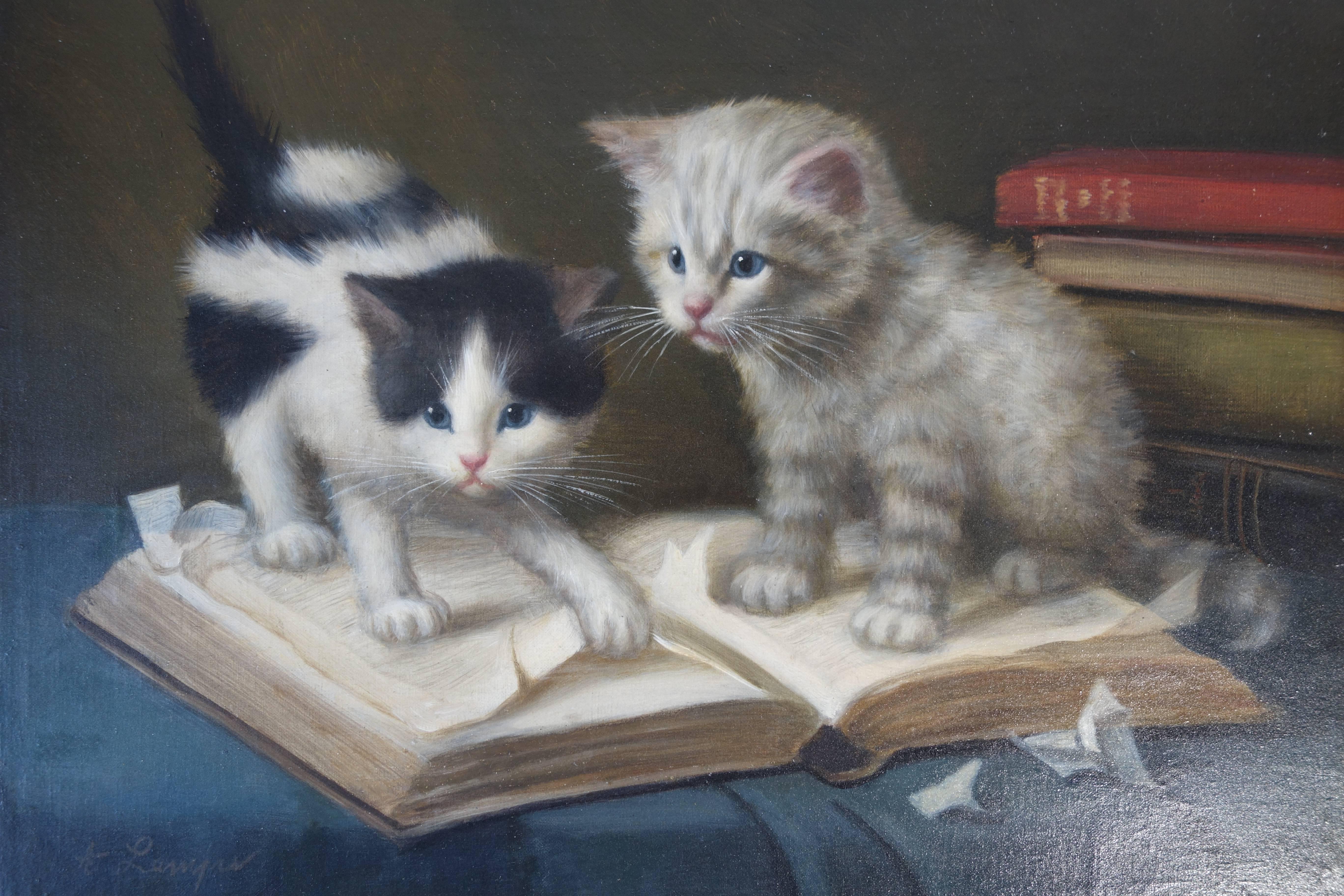 Oil painting by Amanda Lampe (xx) with two cats playing with a book.
Signed: A. Lampe
Dimensions: 59.5 x 49 cm. / 23.43 x 19.29 in.