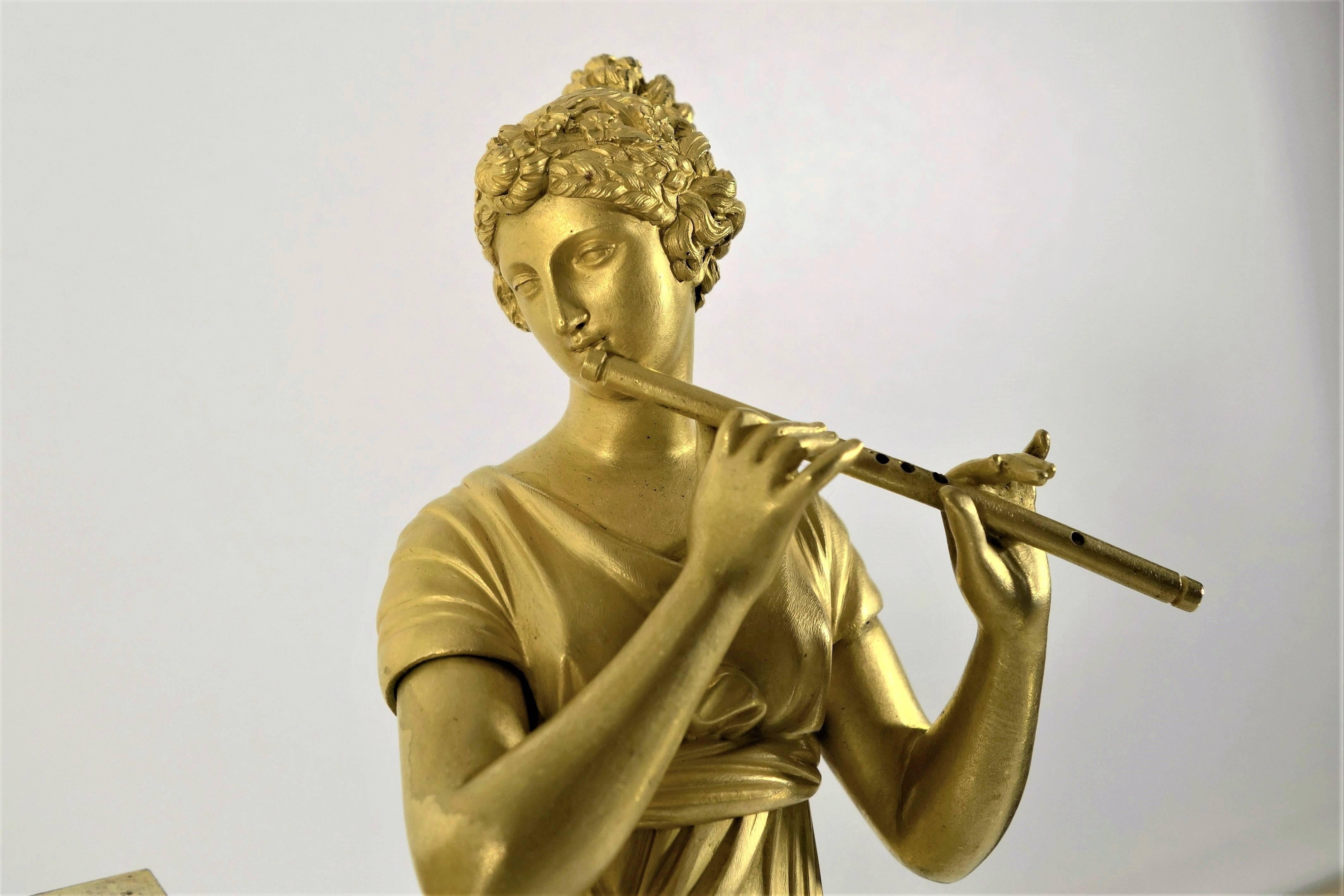 Empire Early 19th Century, French Figural Mantel Clock, Female Flutist For Sale