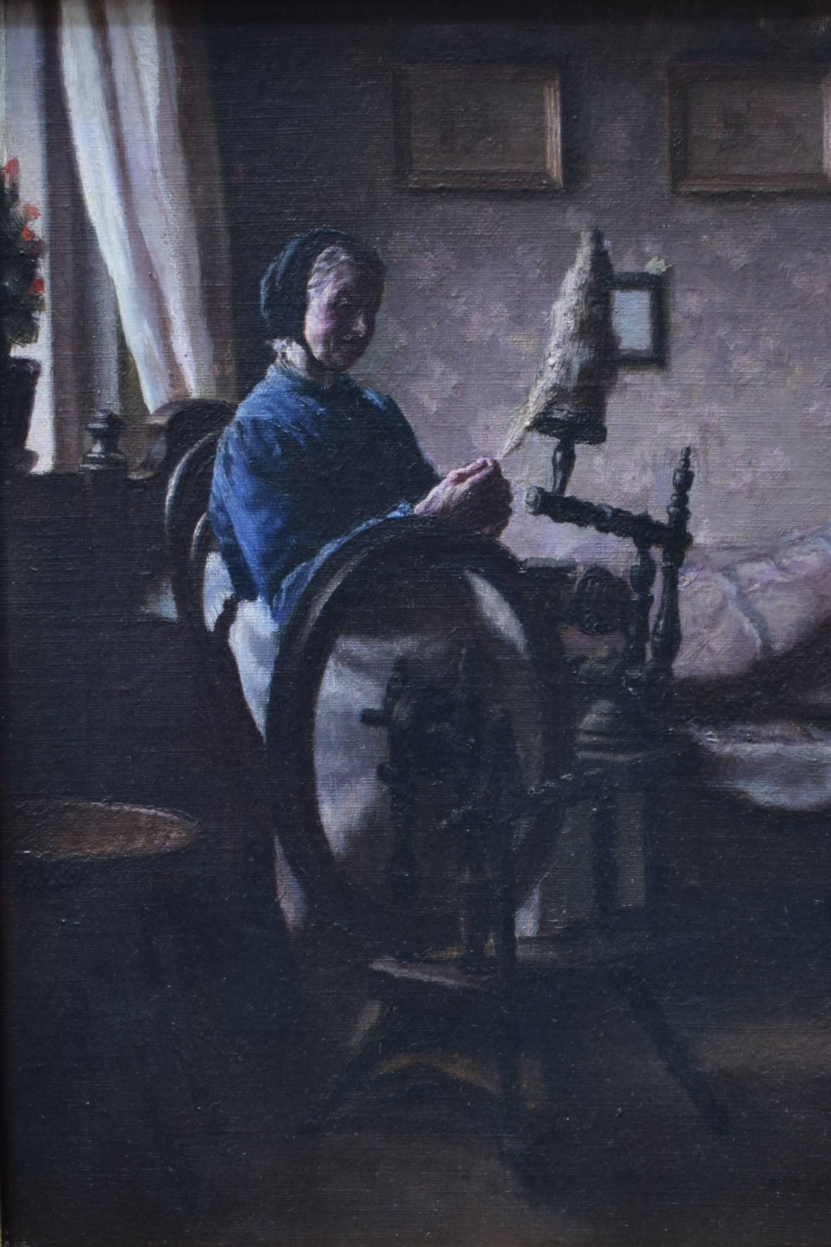 Elderly woman by the spinning wheel by the Danish painter Sophus Vermehren (1866-1950). Oil on canvas laid on cardboard. Signed S.V.07.