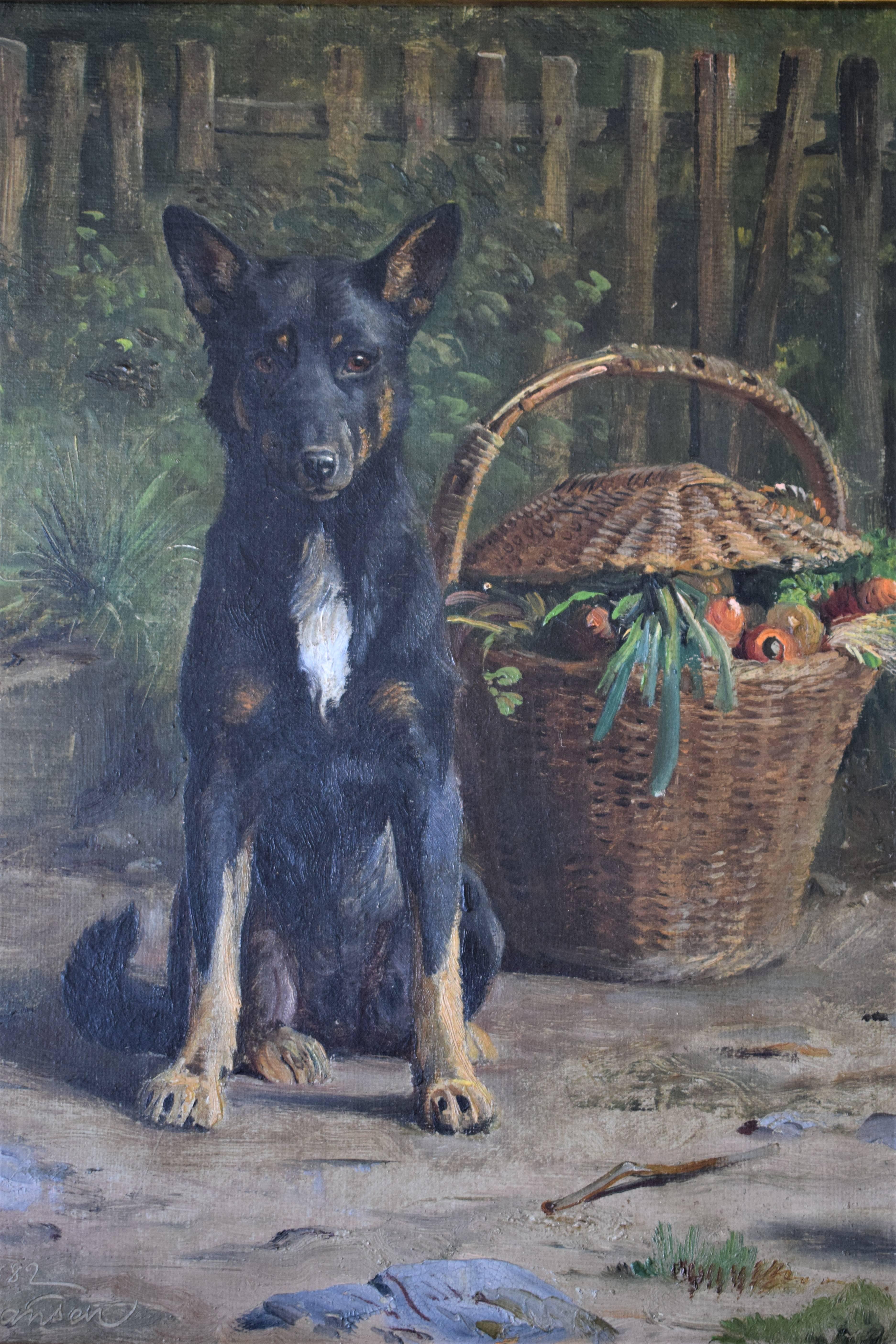 A dog poses next to a basket with vegetables by the Danish painter Oluf August Hermansen (1849-1897).
Signed O. A. Hermansen, Esrum 1882.