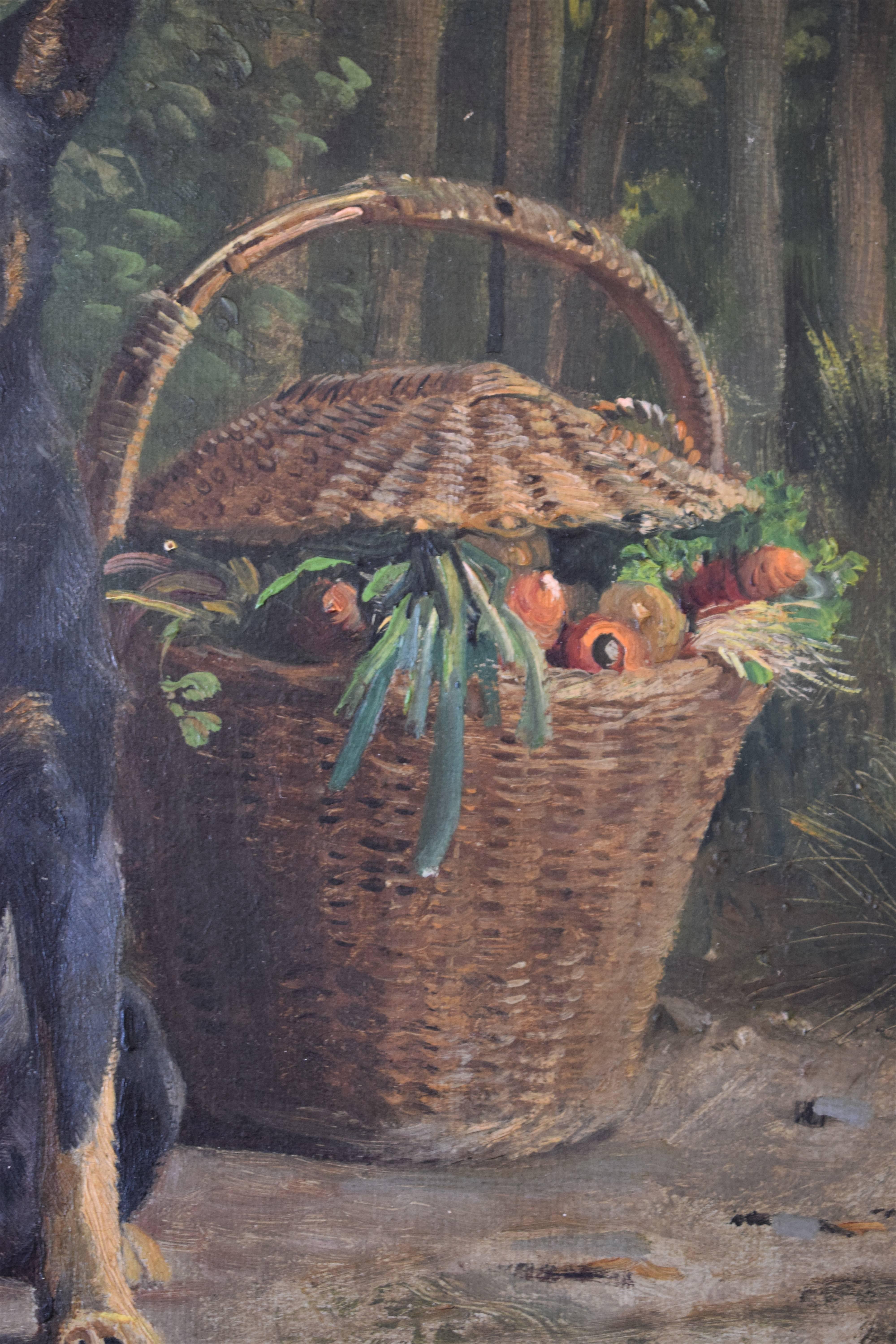 Danish 19th Century, a Dog Poses next to a Basket by Oluf August Hermansen, 1882
