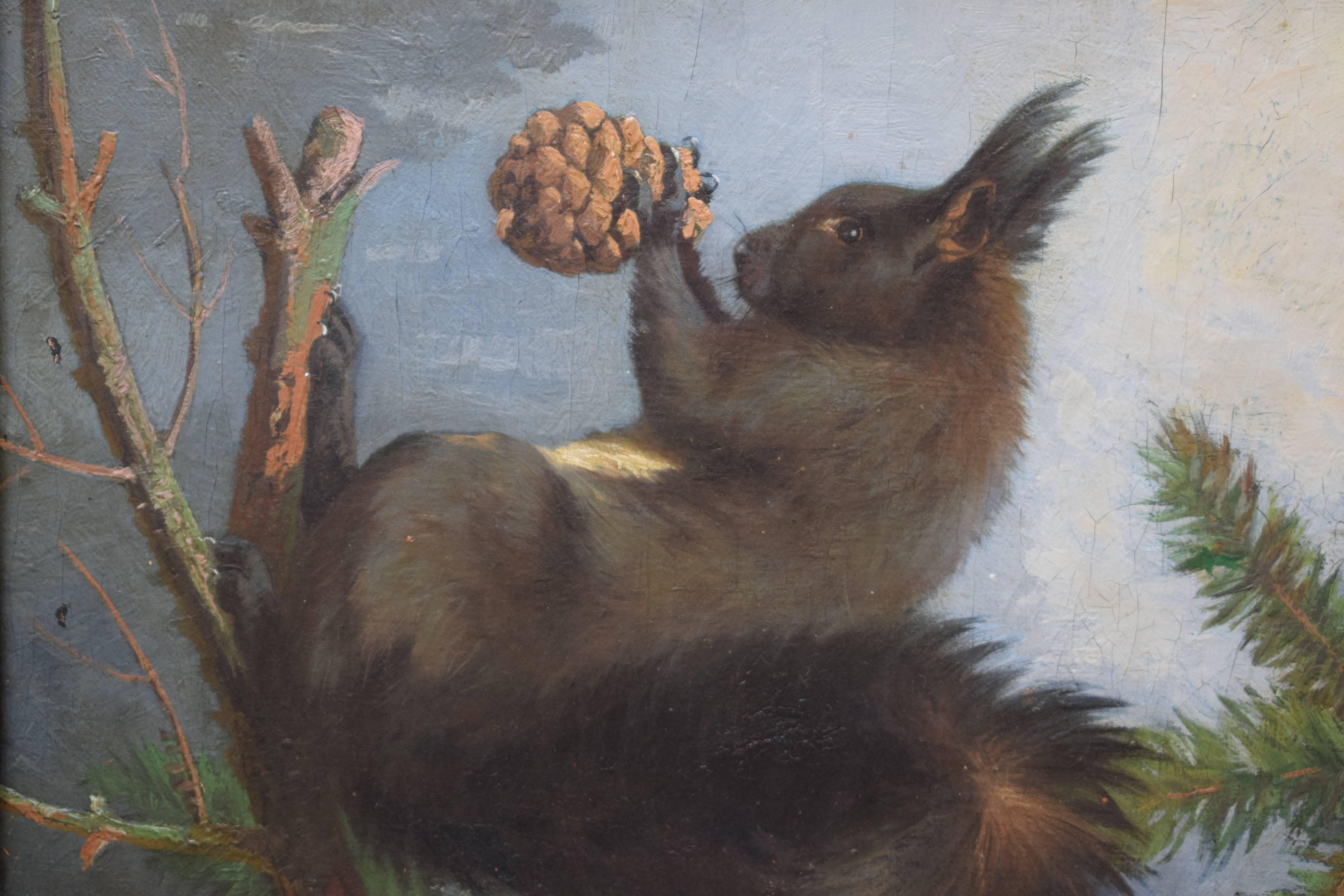 Oil painting of squirrel eating a cone by the Danish painter Adolf Mackeprang (1833-1911). Signed with monogram AM.