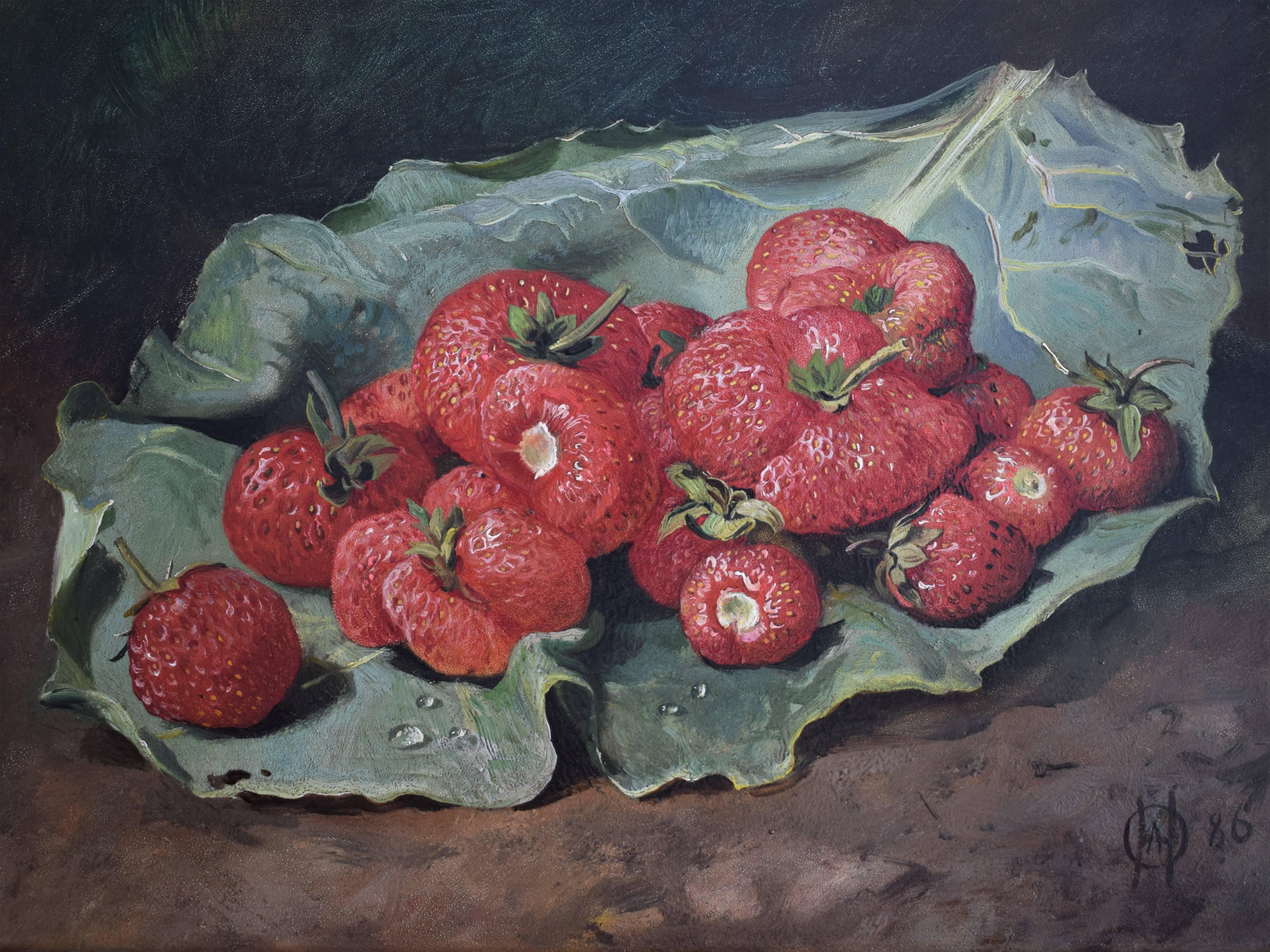 Oil painting with strawberries on a rhubarb leaf by the Danish painter Oluf August Hermansen, b. Frederiksberg 1849, d. same place 1897.
Signed with monogram 