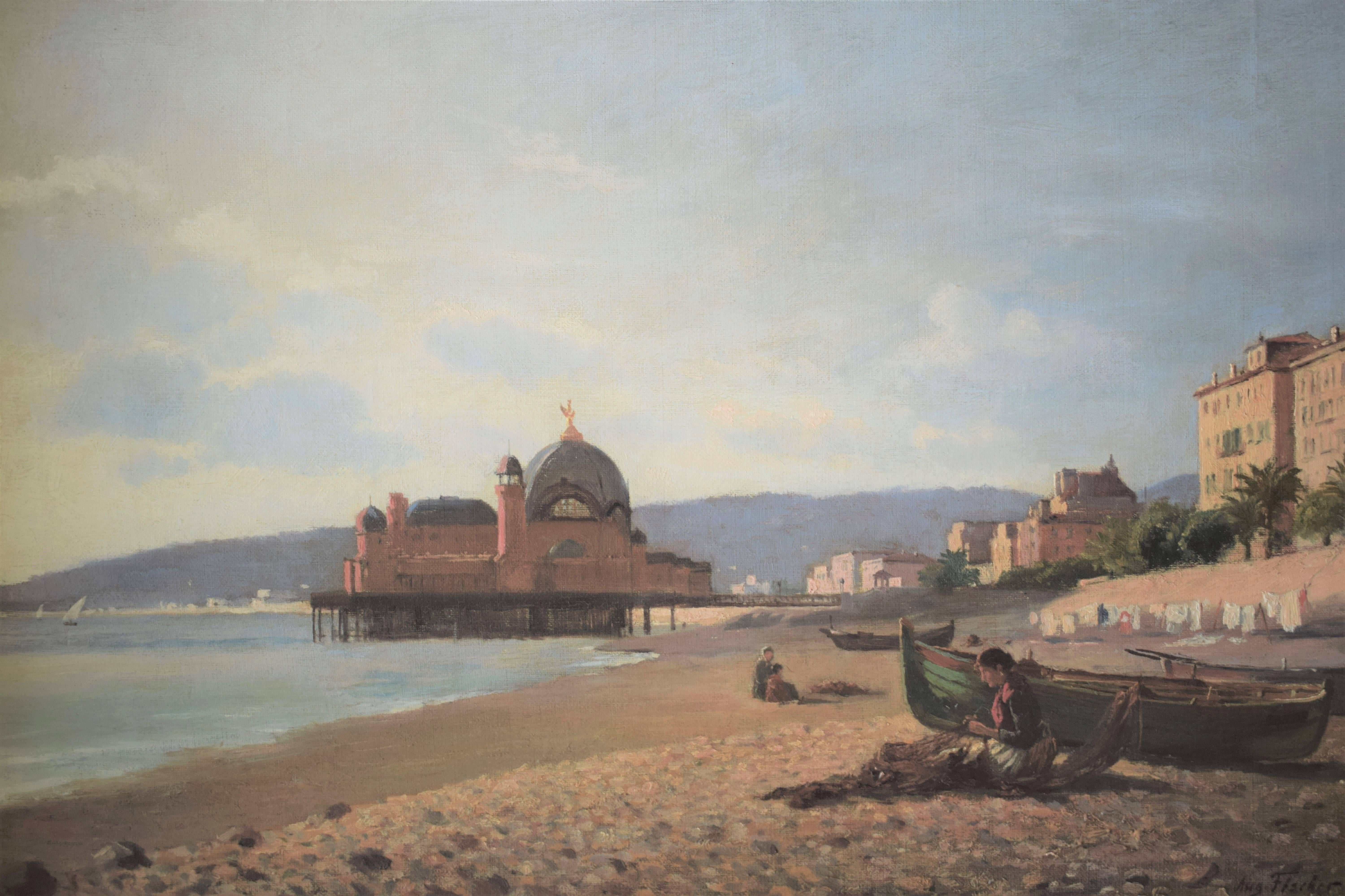 Oil painting with boats on the beach and women mending nets, in back ground the Crystal Casino in Nice by the Danish painter August Fischer (1854-1921).
Signed Aug. Fischer 94.
  