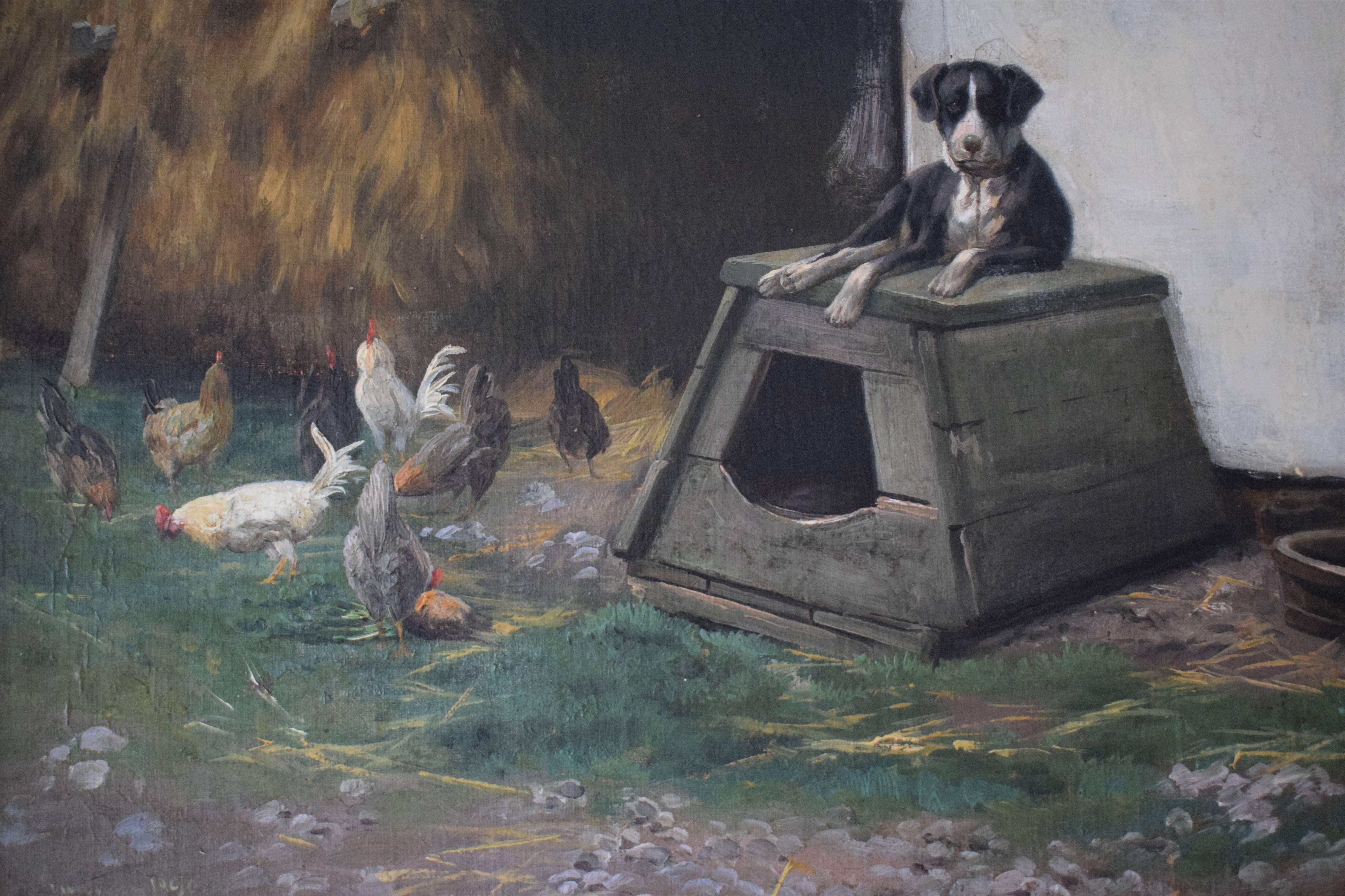 Oil on canvas, dog and chickens, painted by the Danish painter Simon Simonsen (1841-1928).
Signed: Simon Simonsen 1890, Koisehusene.
    
