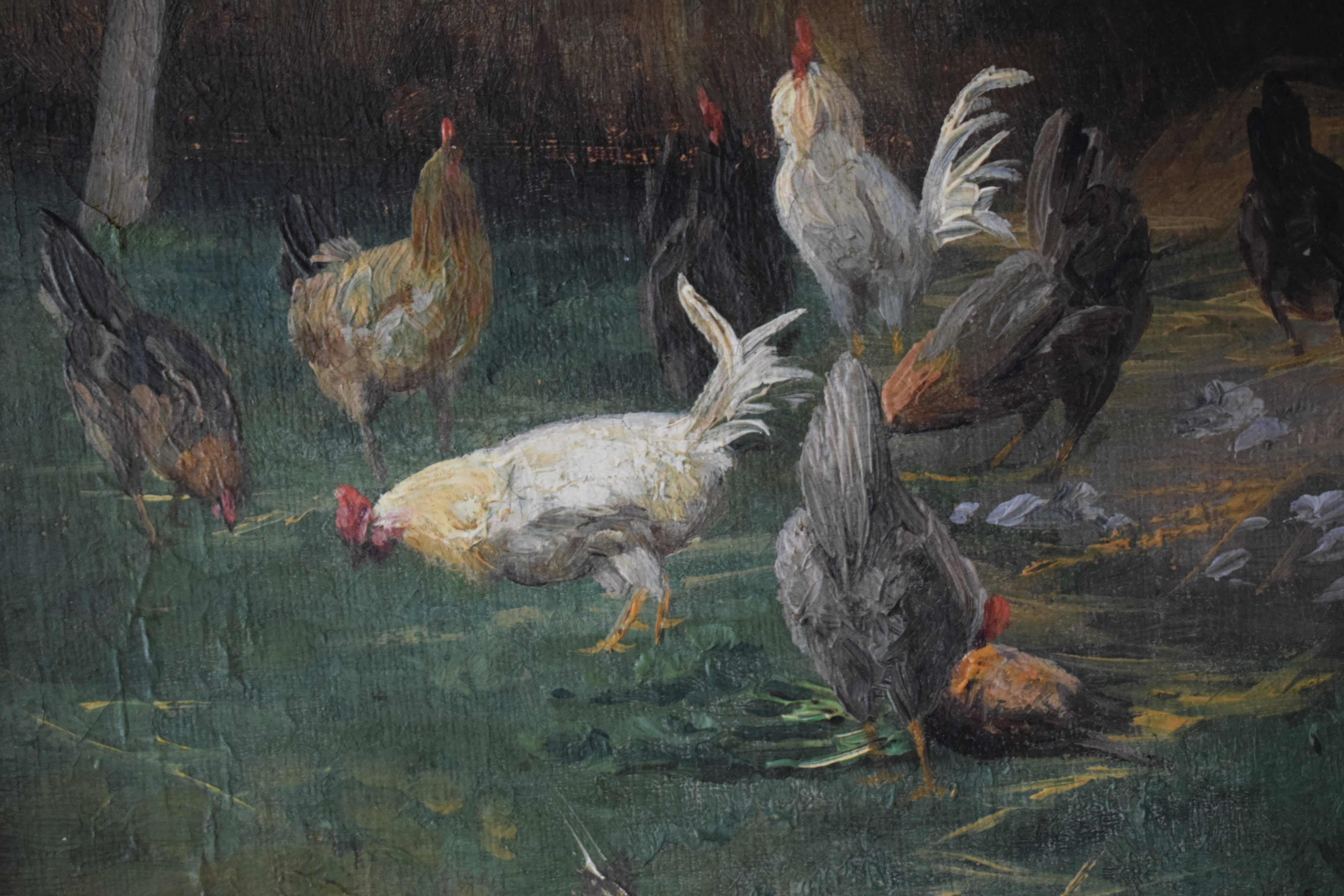 Danish Late 19th Century Oil Painting of Dog and Chickens by Simon Simonsen