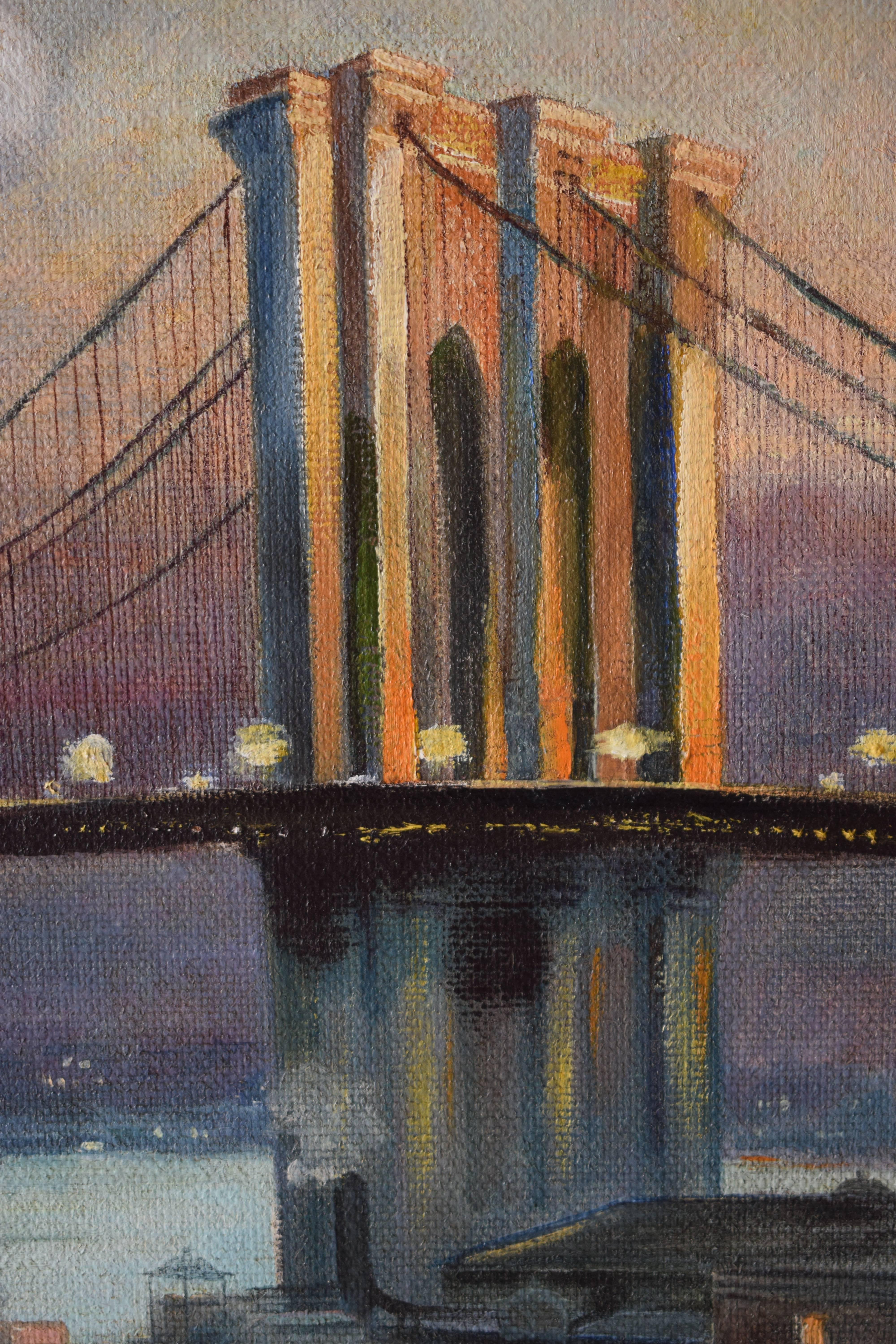 Composition with Brooklyn Bridge New York, oil on canvas, unknown artist.
Signed: O. Barrild 1913
The painting is Framed look last photo