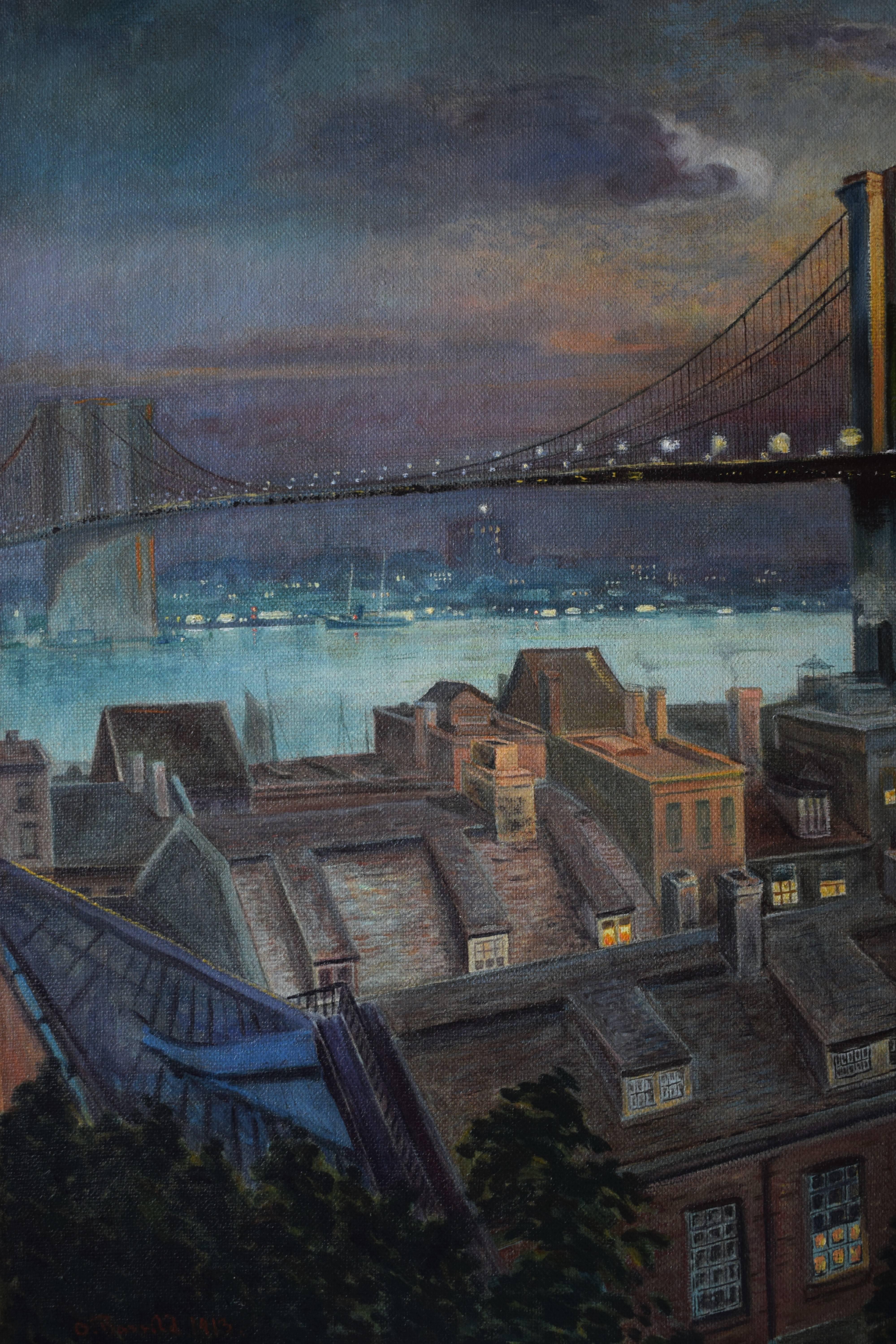 Painted Early 20th Century, Large Painting of Brooklyn Bridge New York, 1913
