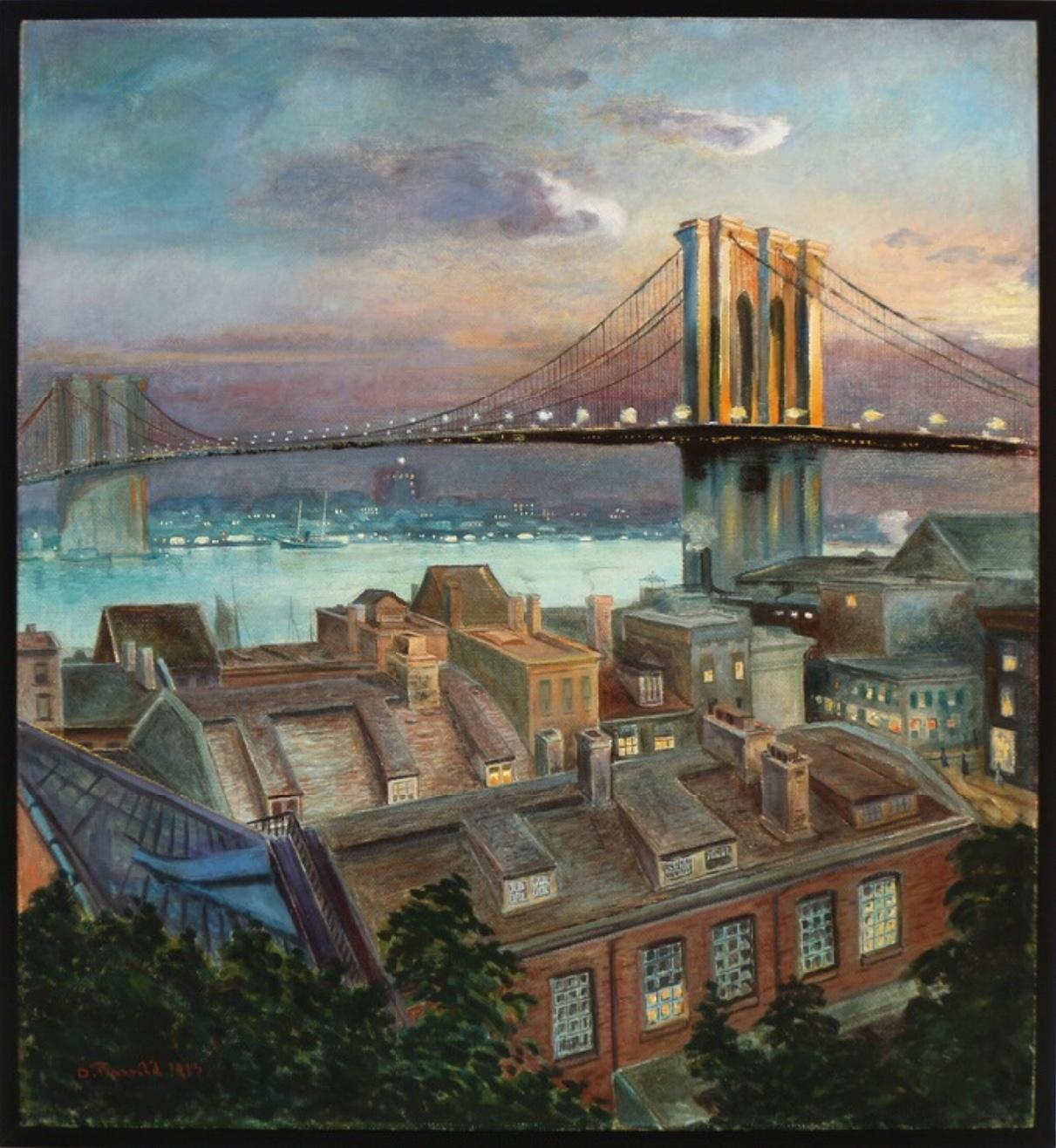 Early 20th Century, Large Painting of Brooklyn Bridge New York, 1913 3