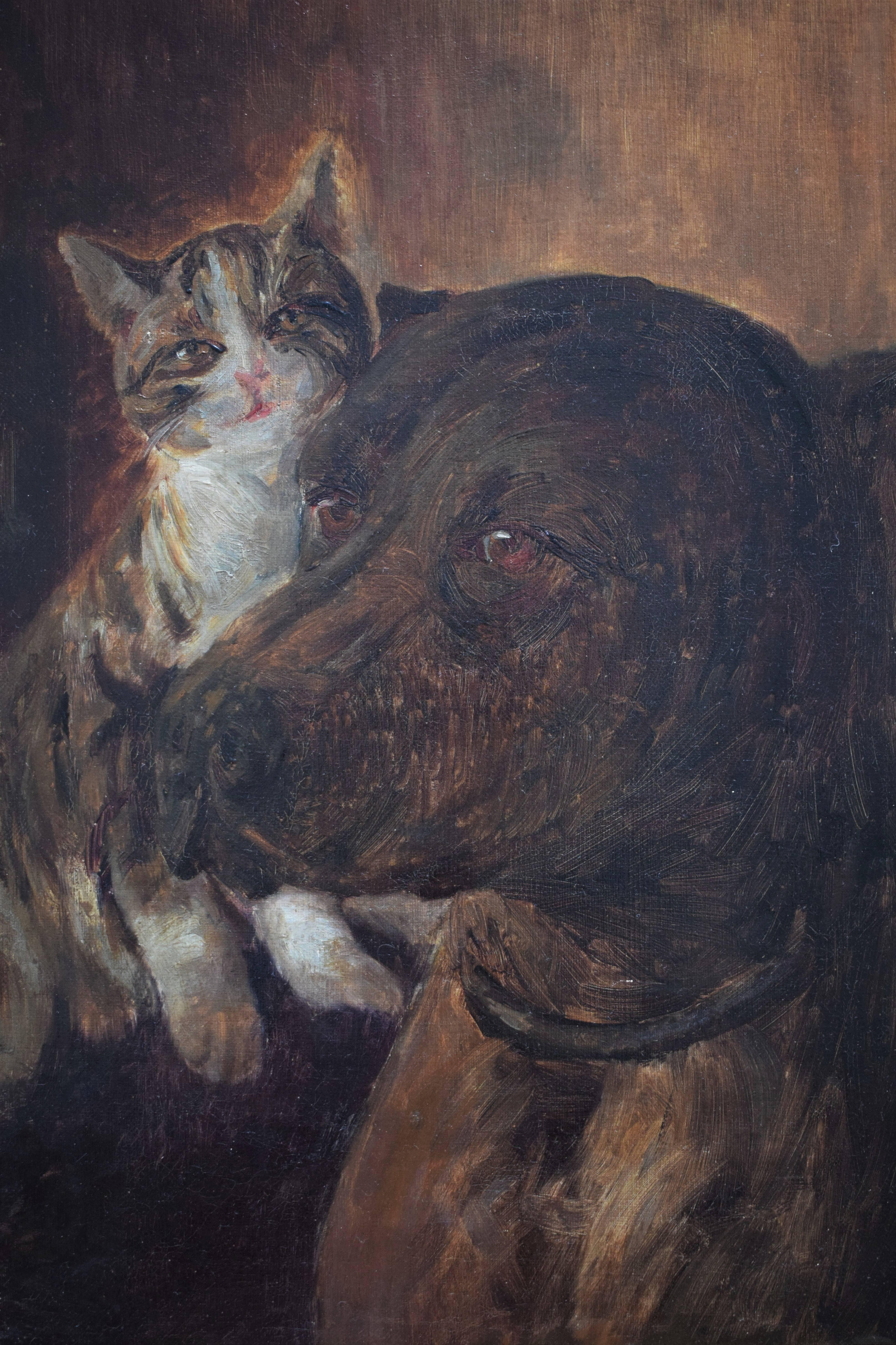 Oil painting of dog and cat by the Danish painter Carl Carlsen (1855-1917).
Signed: Carl Carlsen 1902.