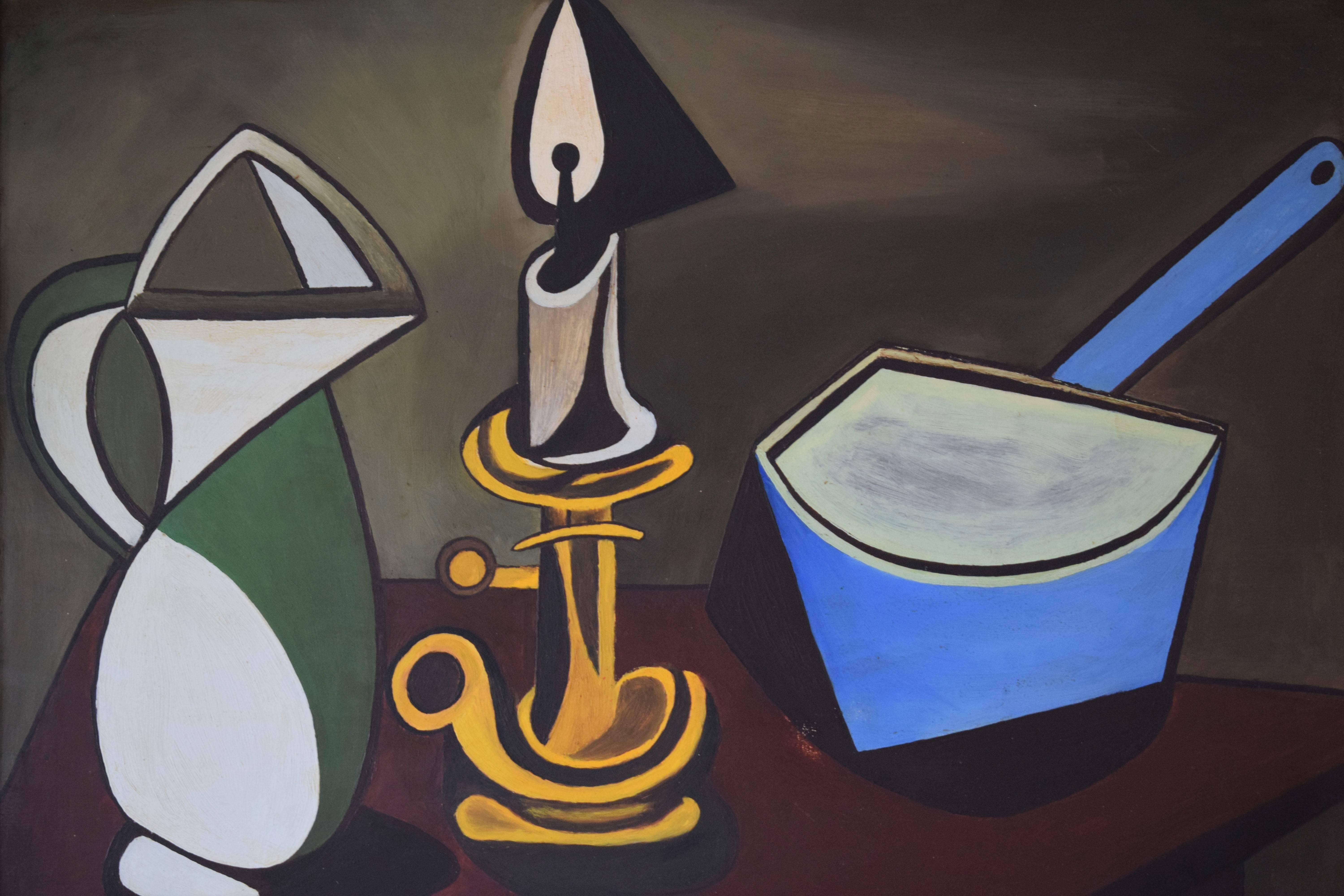 Mid-Century Modern, cubist arrangement with jug, candlestick and casserole. Unknown artist, oil on Masonite plate, original wooden frame.
Dimensions: D x W x H / 1.6 in x 25.6 in x 20.1 in / 4 cm x 65 cm x 51 cm.
