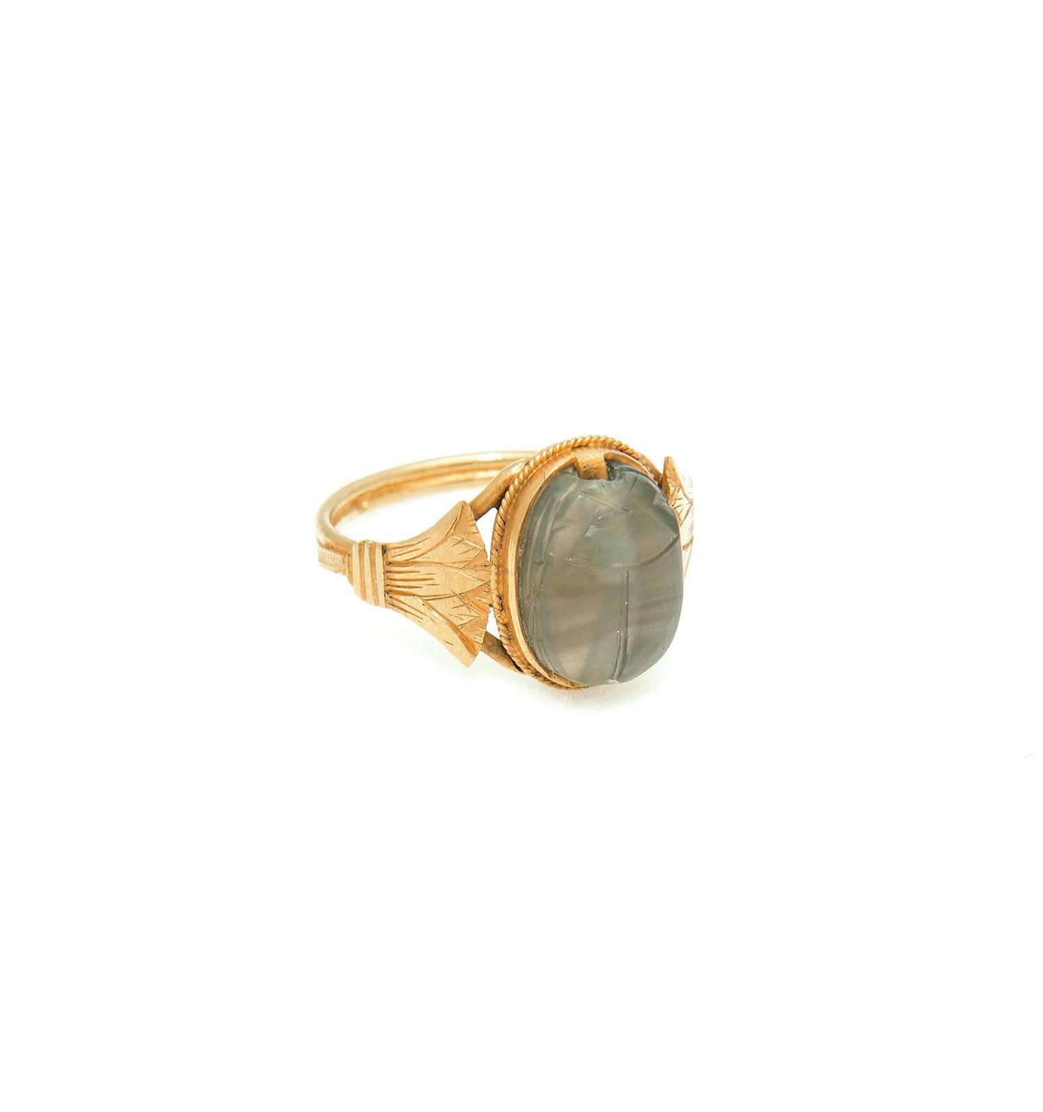 English Ancient Amethyst Scarab, Art Nouveau Gold Finger Ring For Sale