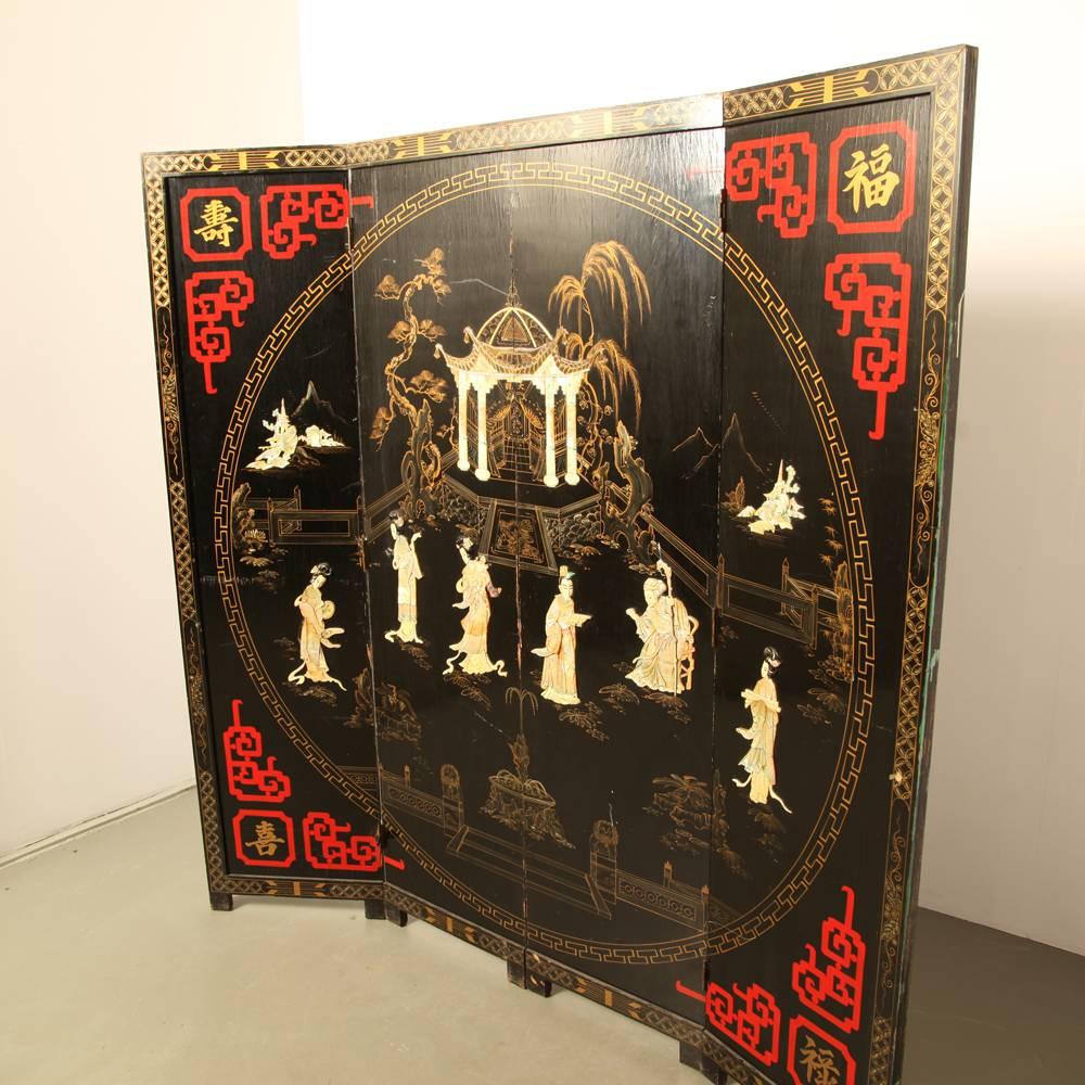 Is it art or is it kitsch? In any case it is very impressive and beautifully made. And old.

Hand-painted, black lacquer and inlaid mother-of-pearl

Dimensions: 3 D x 182 W x 183 H cm

Dimensions folded: 12 D x 46 W x 183 H cm.