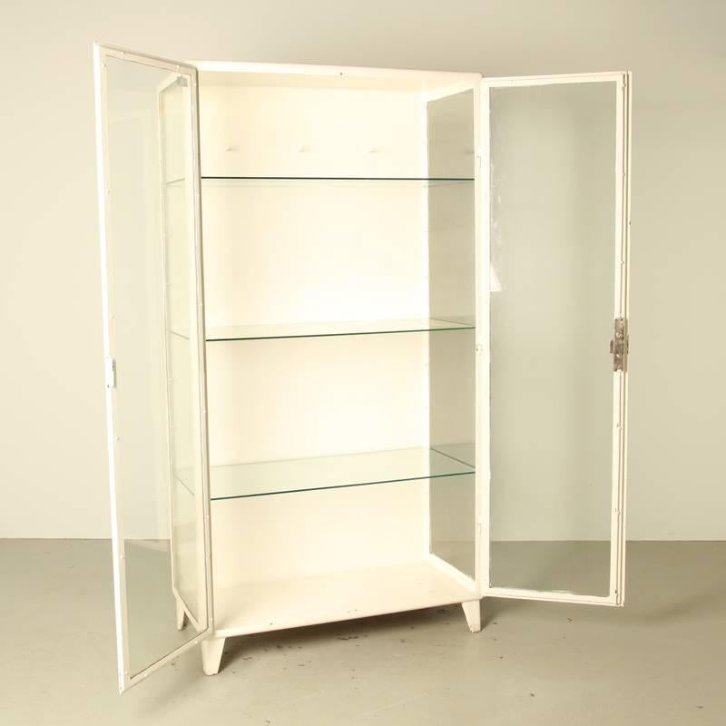 Industrial White Steel Antique Doctors Apothecary Cabinet For Sale