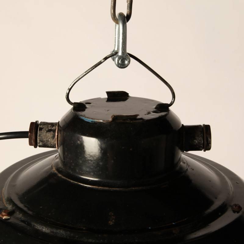 Industrial black enameled steel top, pendant lamp.
Manufactured in Czech Republic, 1960s.
Glass bowl steel cage, enamel top.

All lamps have been made suitable by international standards for incandescent light bulbs, energy-efficient and LED