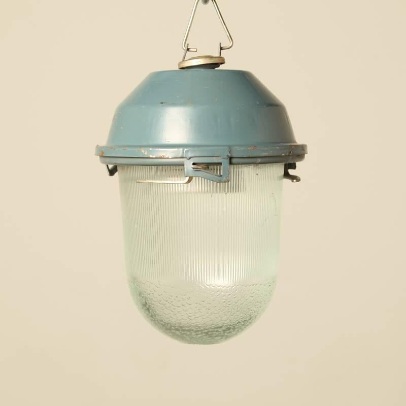 Industrial blue sprayed steel pendant from Ukraine.
Cut-glass partial craquelé . Normal E27 porcelain lampholder.

All lamps have been made suitable by international standards for incandescent light bulbs, energy-efficient and LED bulbs. E26/E27