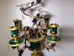 Claude Galle Jade Malachite Silver and Gilt Bronze Bird and Grape Candelabra