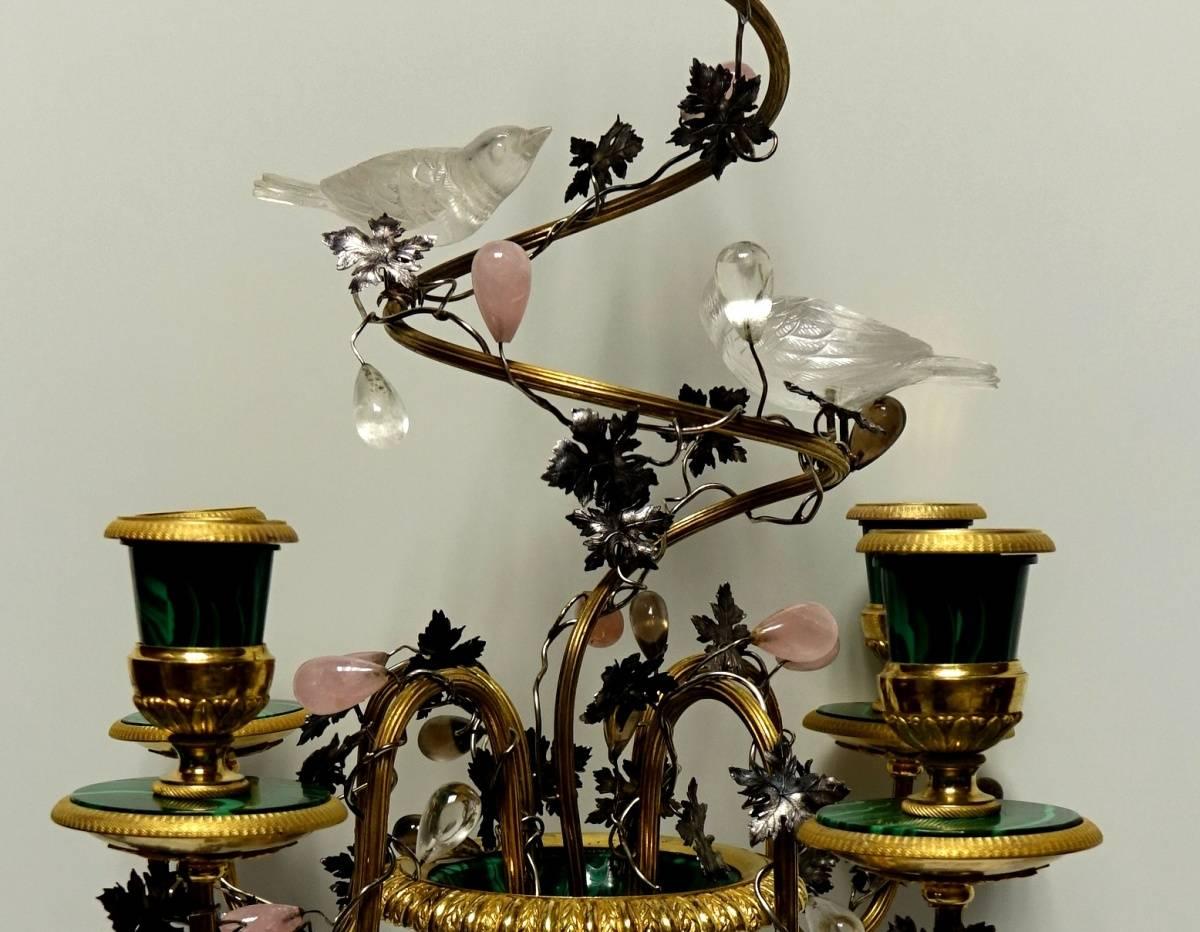 Empire Claude Galle Jade Malachite Silver and Gilt Bronze Bird and Grape Candelabra