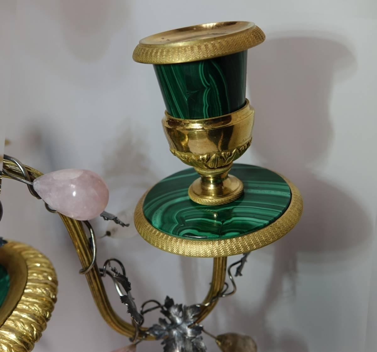 French Claude Galle Jade Malachite Silver and Gilt Bronze Bird and Grape Candelabra