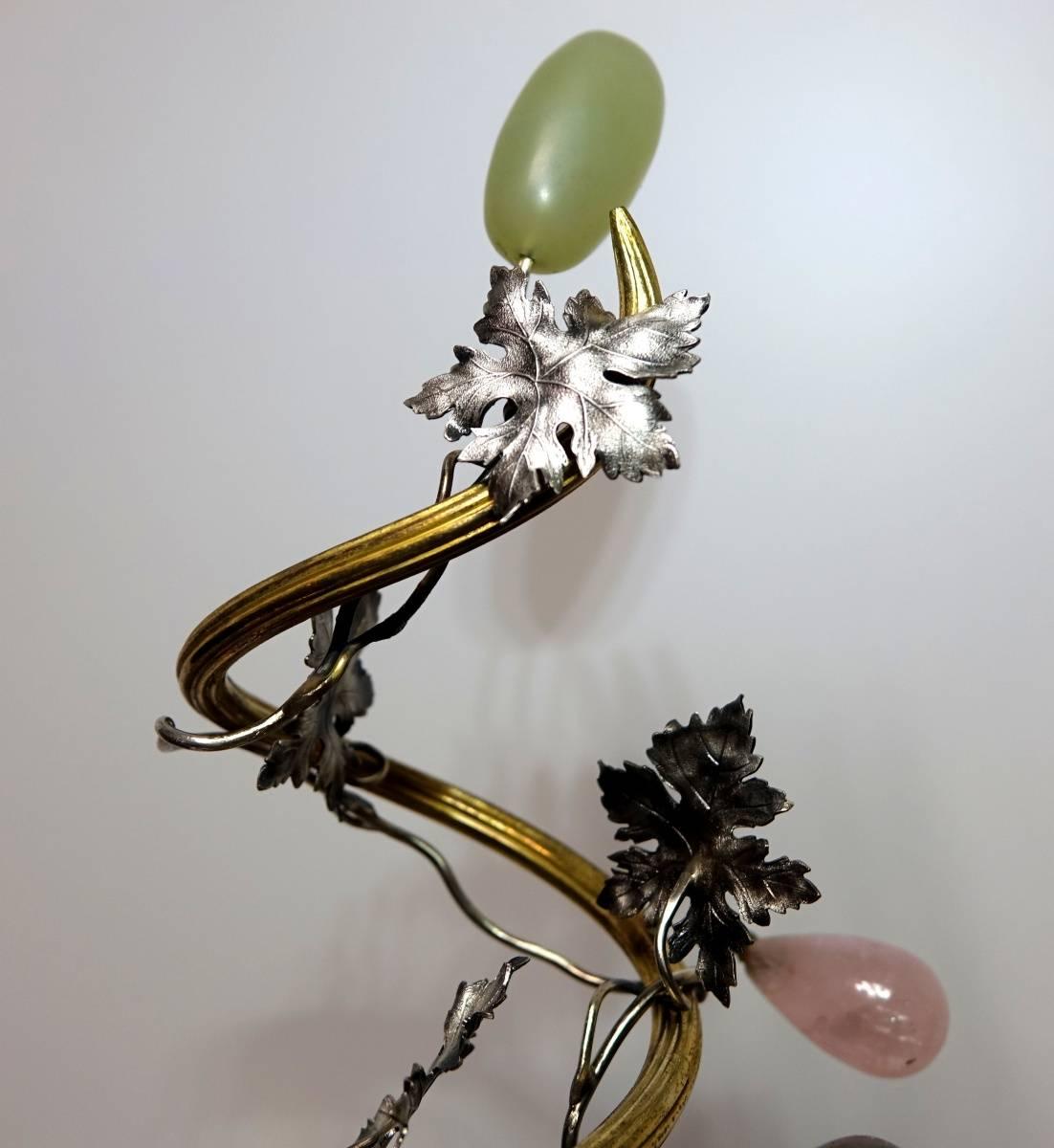 Claude Galle Jade Malachite Silver and Gilt Bronze Bird and Grape Candelabra In Excellent Condition In Tortona, Alessandria