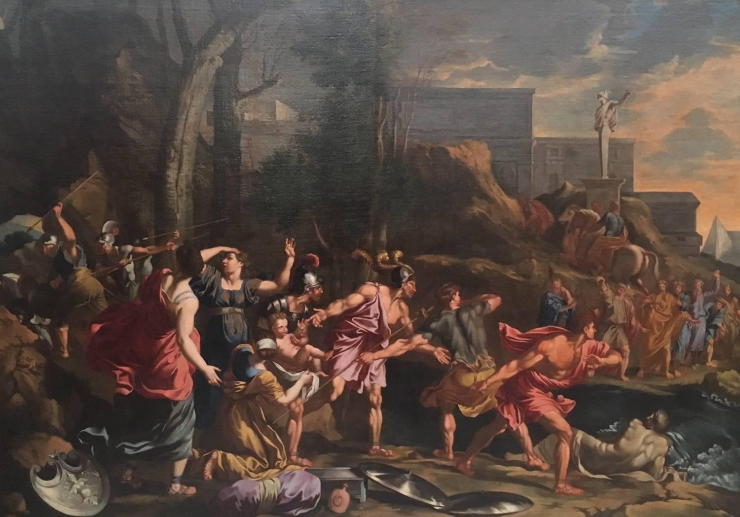 School of "Nicolas Poussin".
Title: Escape from Troy.
Oil painting.
Author: Unknown (Rome).
Age: 17th century (circa 1660-1690).
Measures: 210 x 155 cm.

The golden frame is not old.
