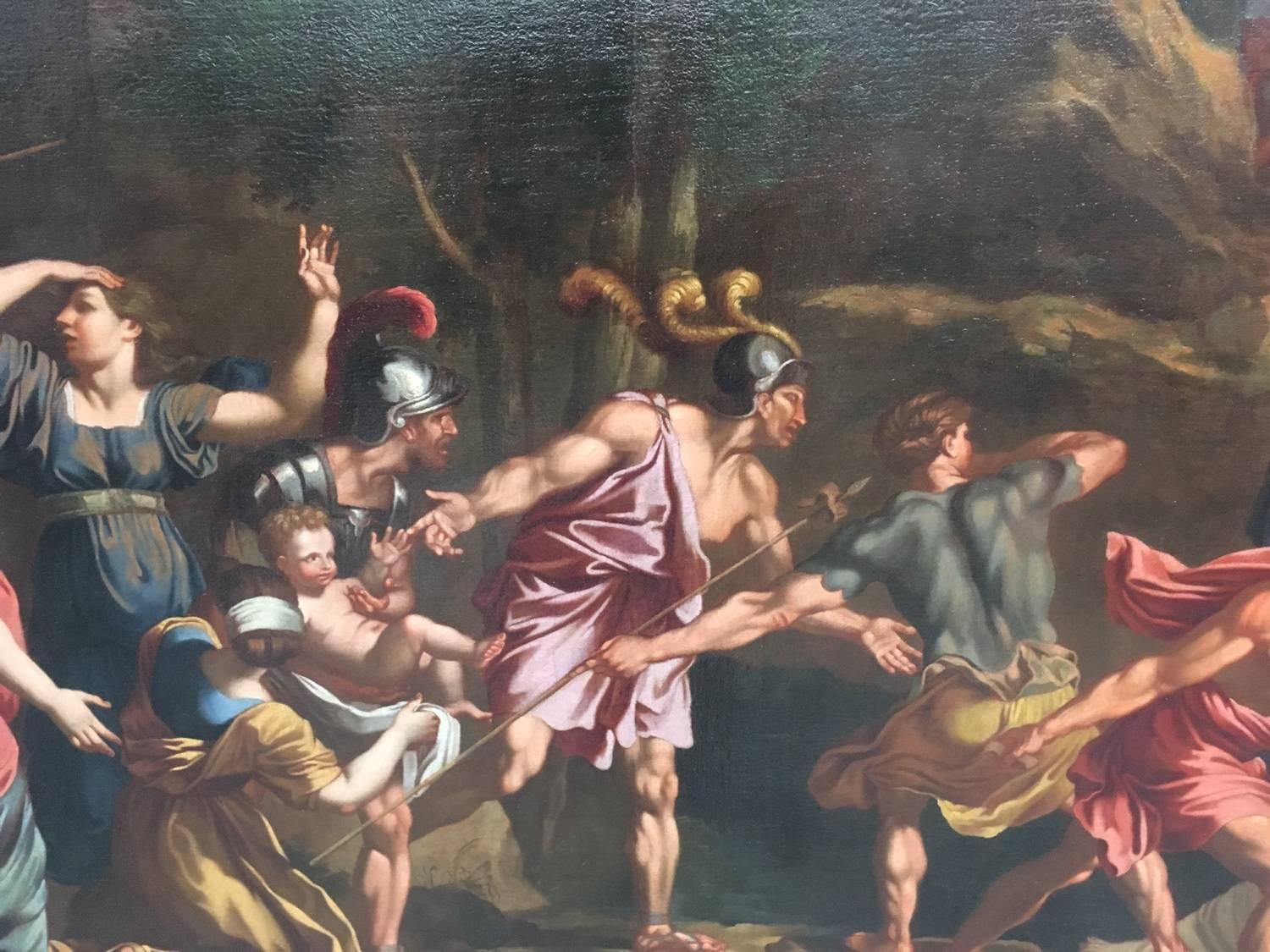 17th Century Oil Painting Escape from Troy School of Nicolas Poussin In Excellent Condition For Sale In Tortona, Alessandria