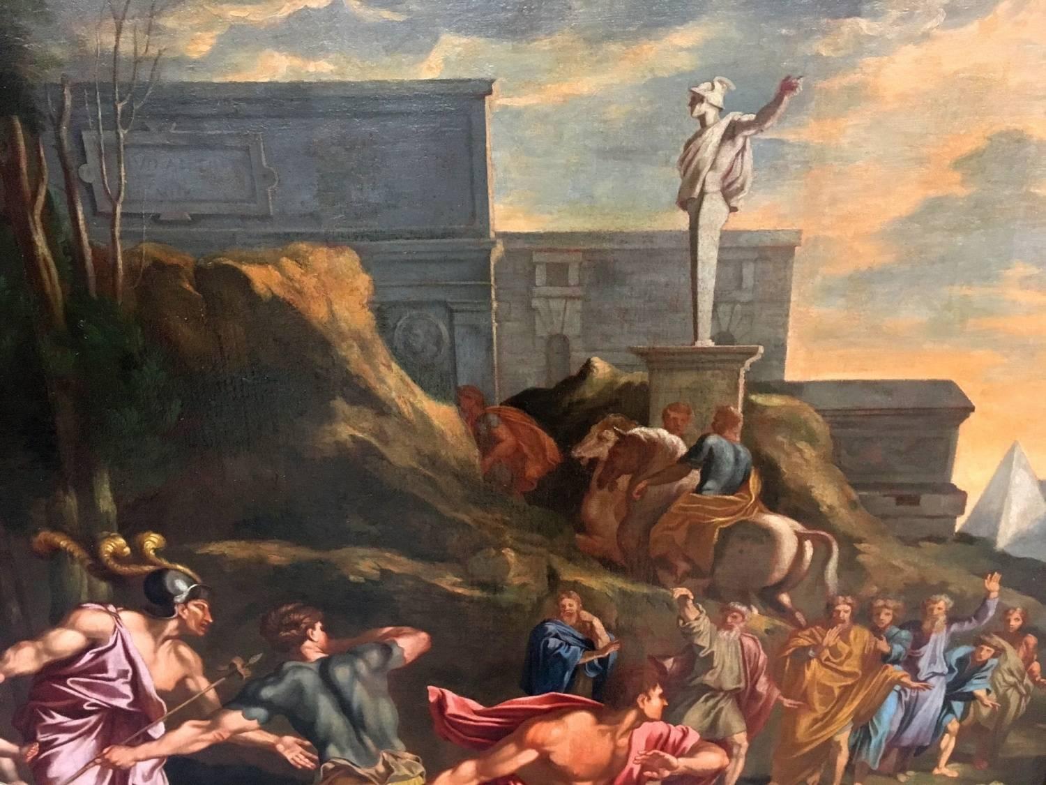 Mid-17th Century 17th Century Oil Painting Escape from Troy School of Nicolas Poussin For Sale