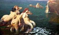 Masterpiece of Symbolist, Mermaids "Le Sirene" 1901 Cesare Viazzi Oil on Canvas