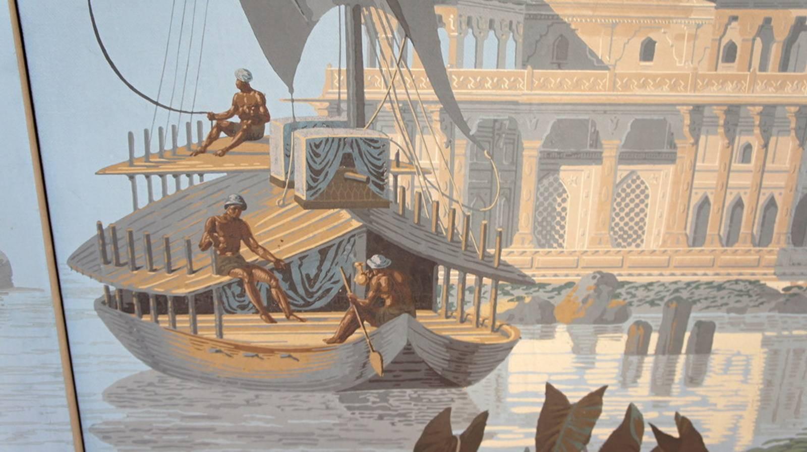 Romantic Original Four Zuber Panels, Papier Peints, Fisherman on the River Ganges For Sale