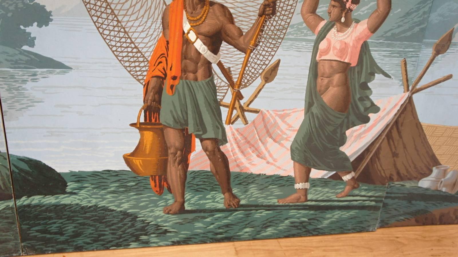 Painted Original Four Zuber Panels, Papier Peints, Fisherman on the River Ganges For Sale