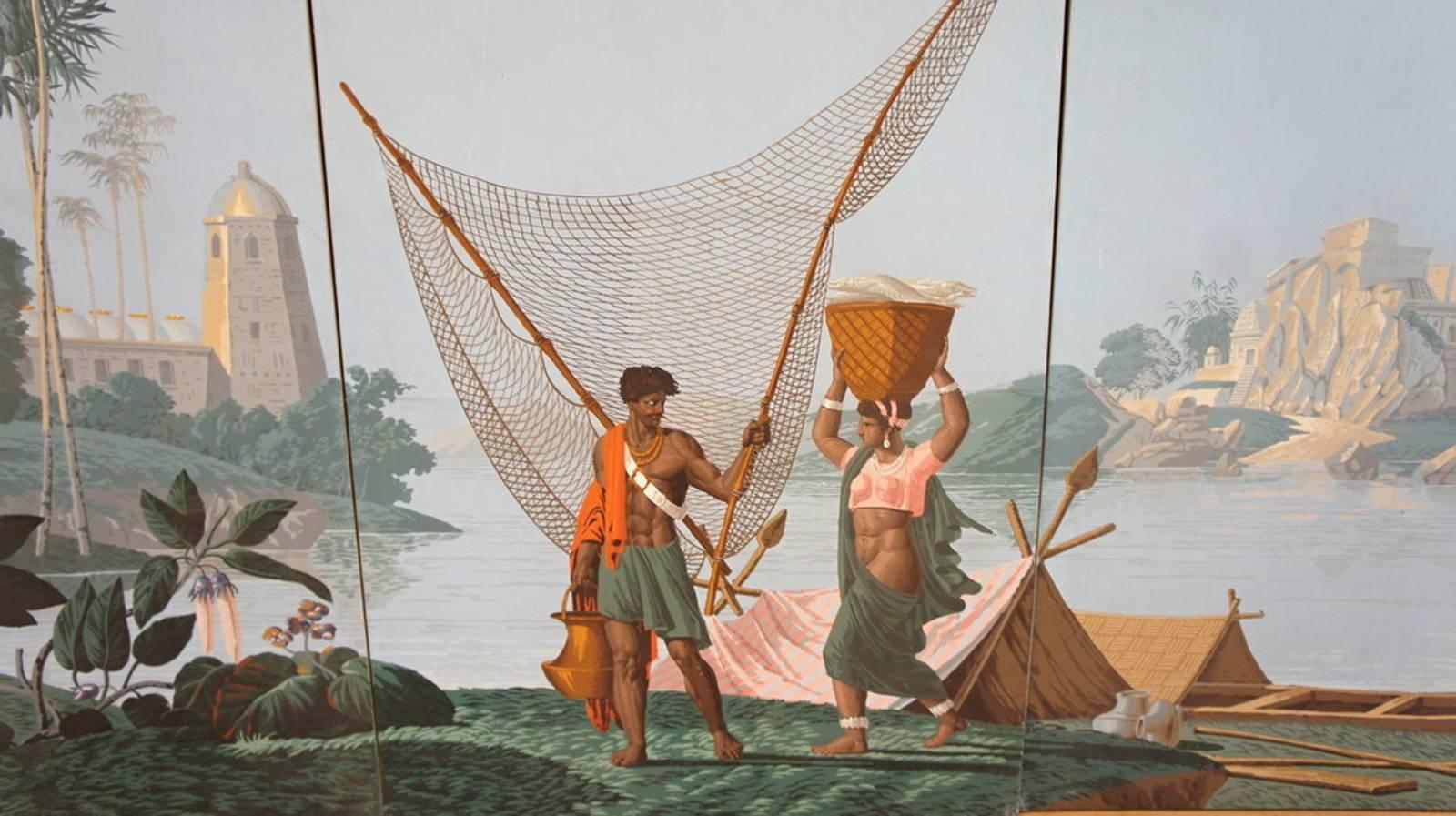 French Original Four Zuber Panels, Papier Peints, Fisherman on the River Ganges For Sale