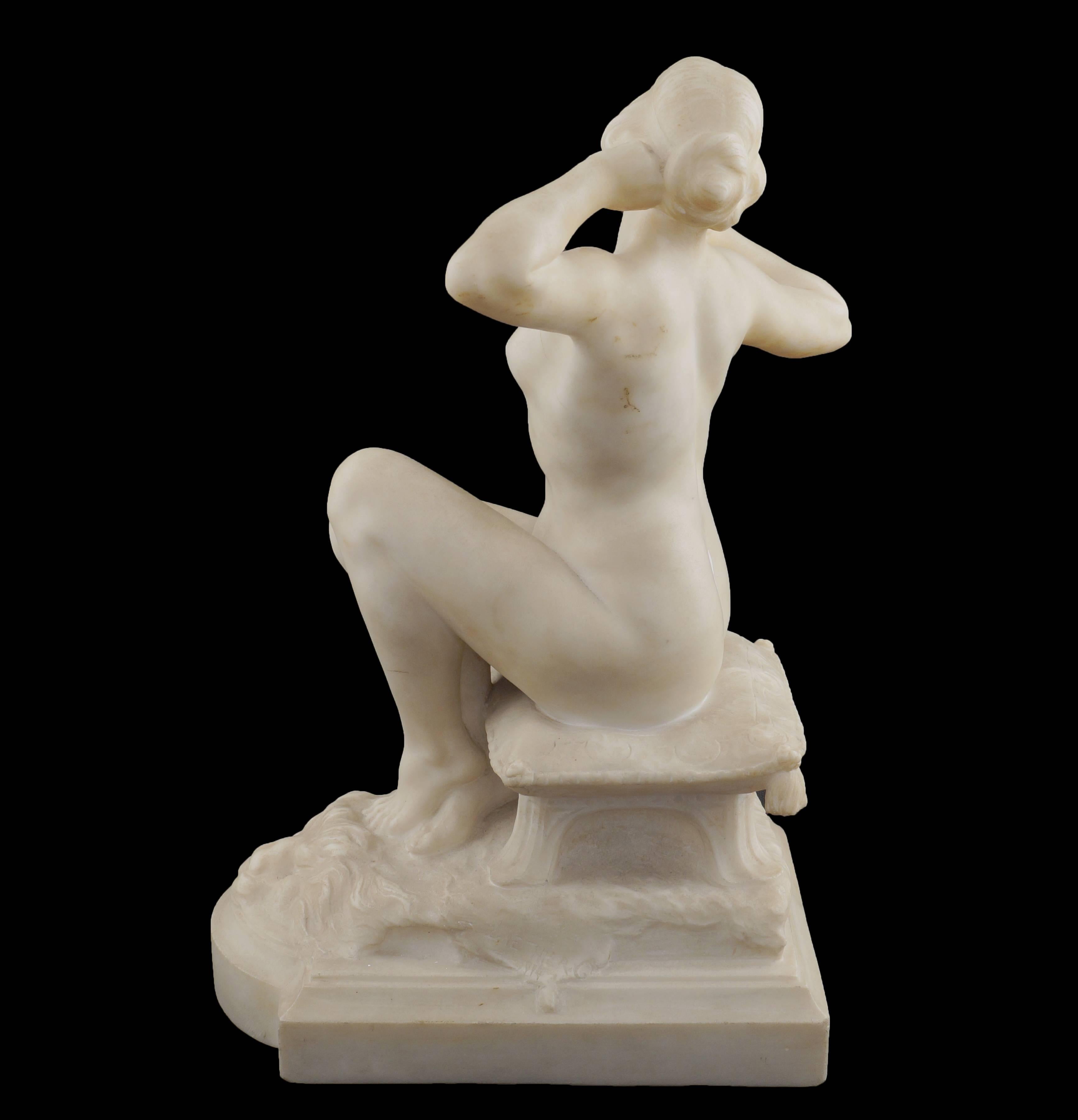 This Marble sculpture of a sitting woman, signed and dates by the sculpture Georges Laeither a famous and well know French sculptor. He carved many historical monument around France and there is many literature on his works; one of them from the: