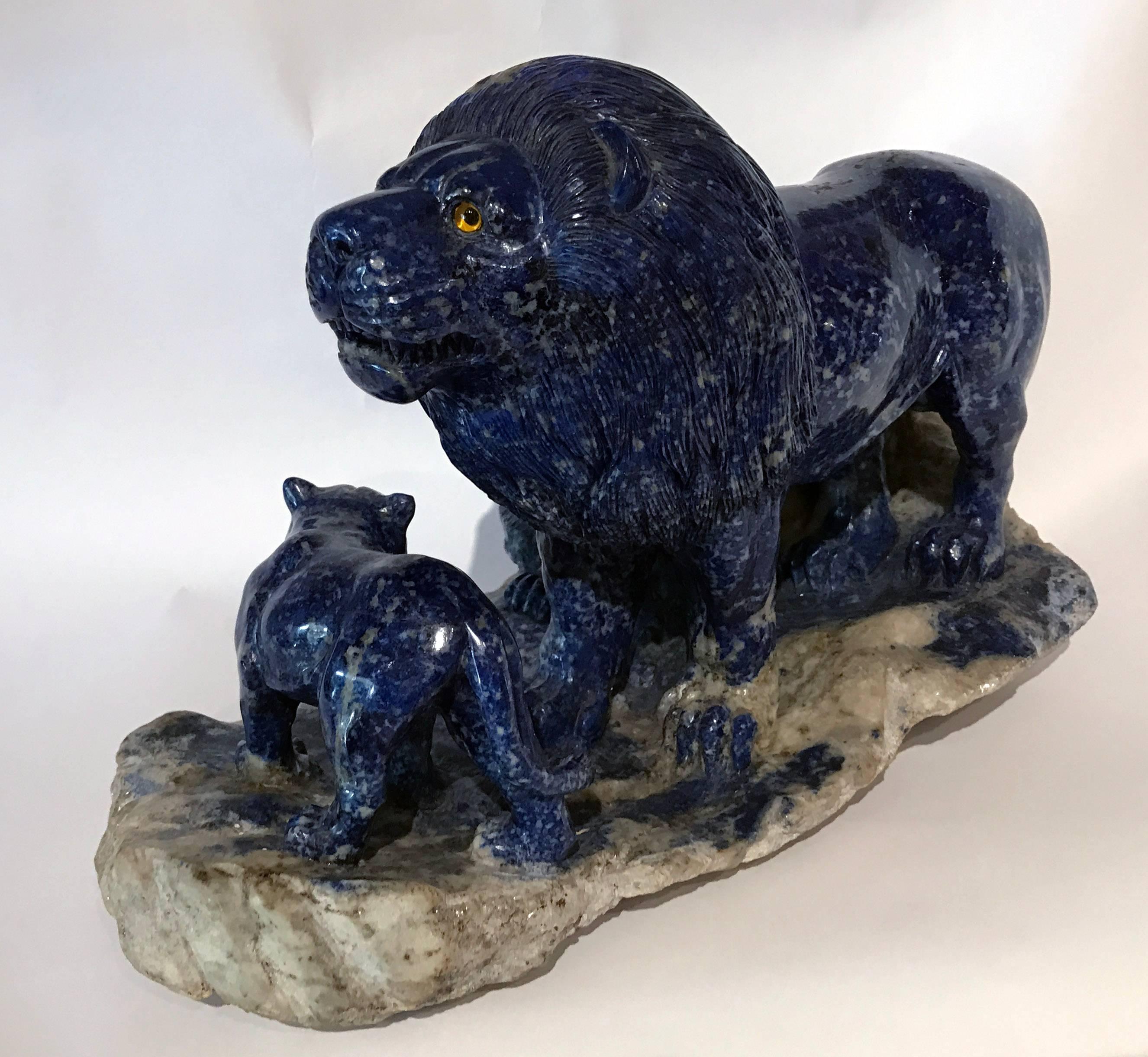 A group of animal life, the lions family. Carved from an unique block of Lapis Lazuli, a semi-precious stone prized since antiquity for its intense color. At the end of the Middle Ages, lapis lazuli began to be exported to Europe, where it was