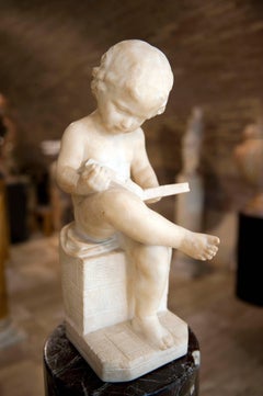 Antique Italian 19th Century Marble Sculpture Putto Reading a Book Signed Pugi