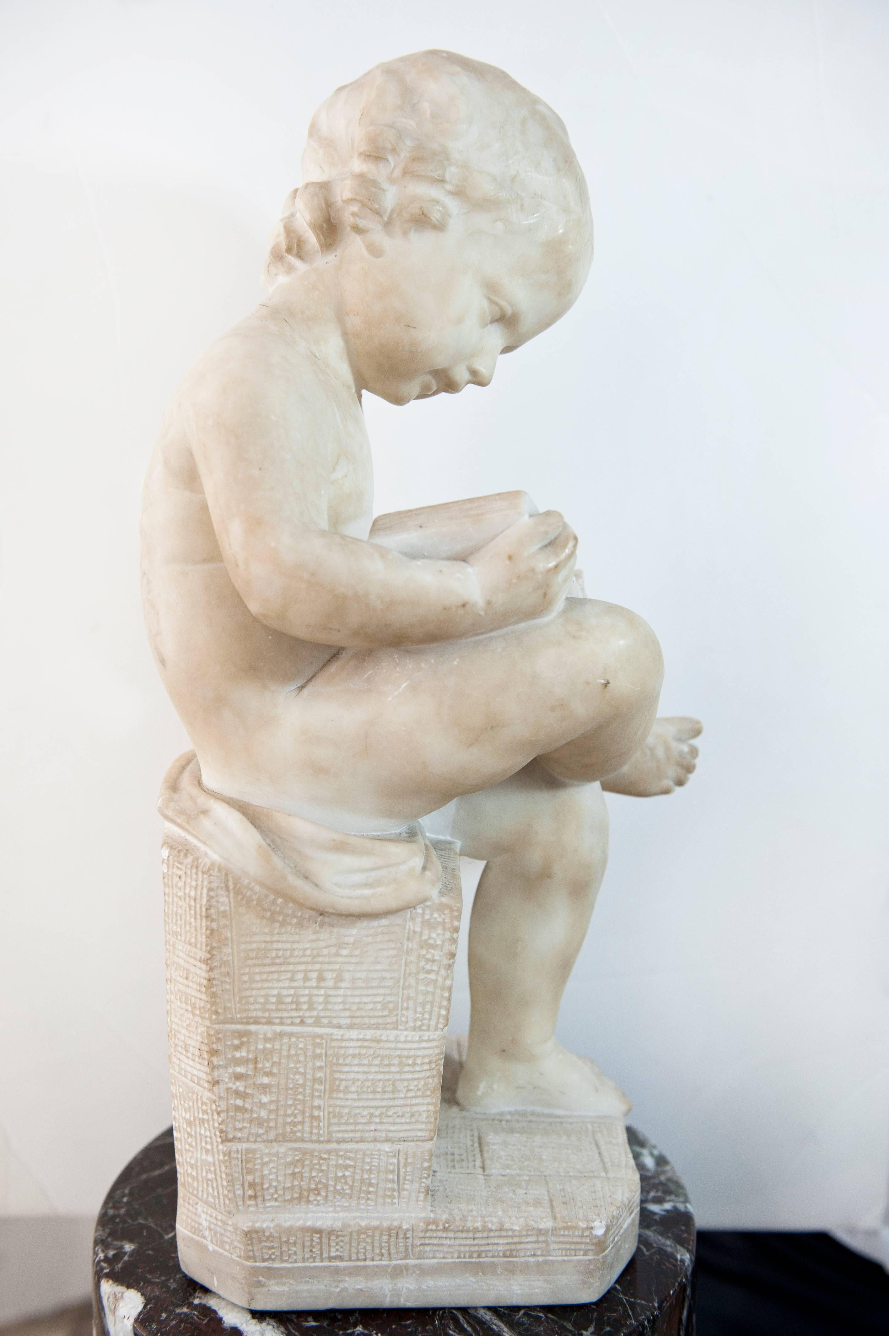 Statuary Marble Antique Italian 19th Century Marble Sculpture Putto Reading a Book Signed Pugi