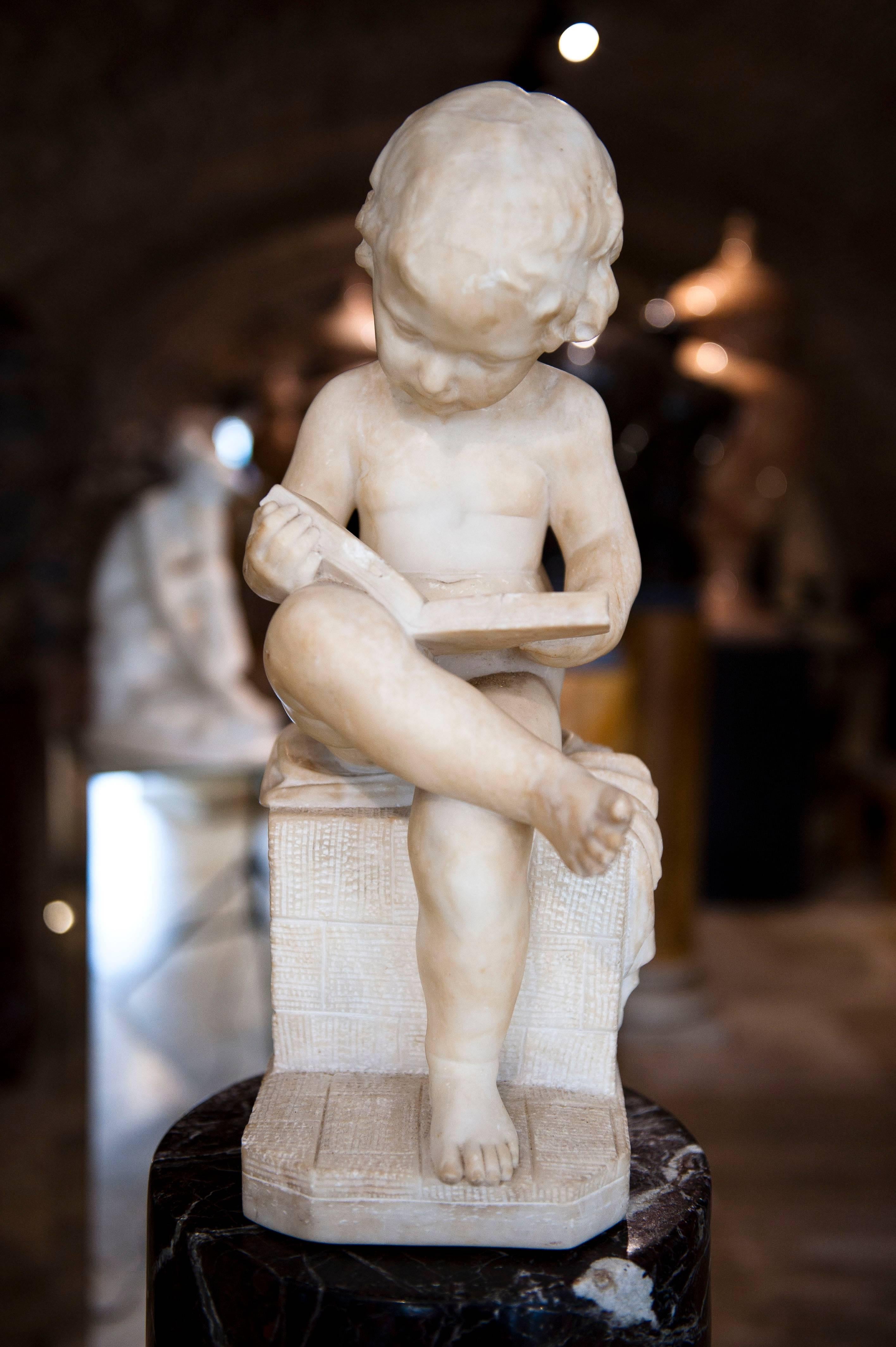 Neoclassical Antique Italian 19th Century Marble Sculpture Putto Reading a Book Signed Pugi