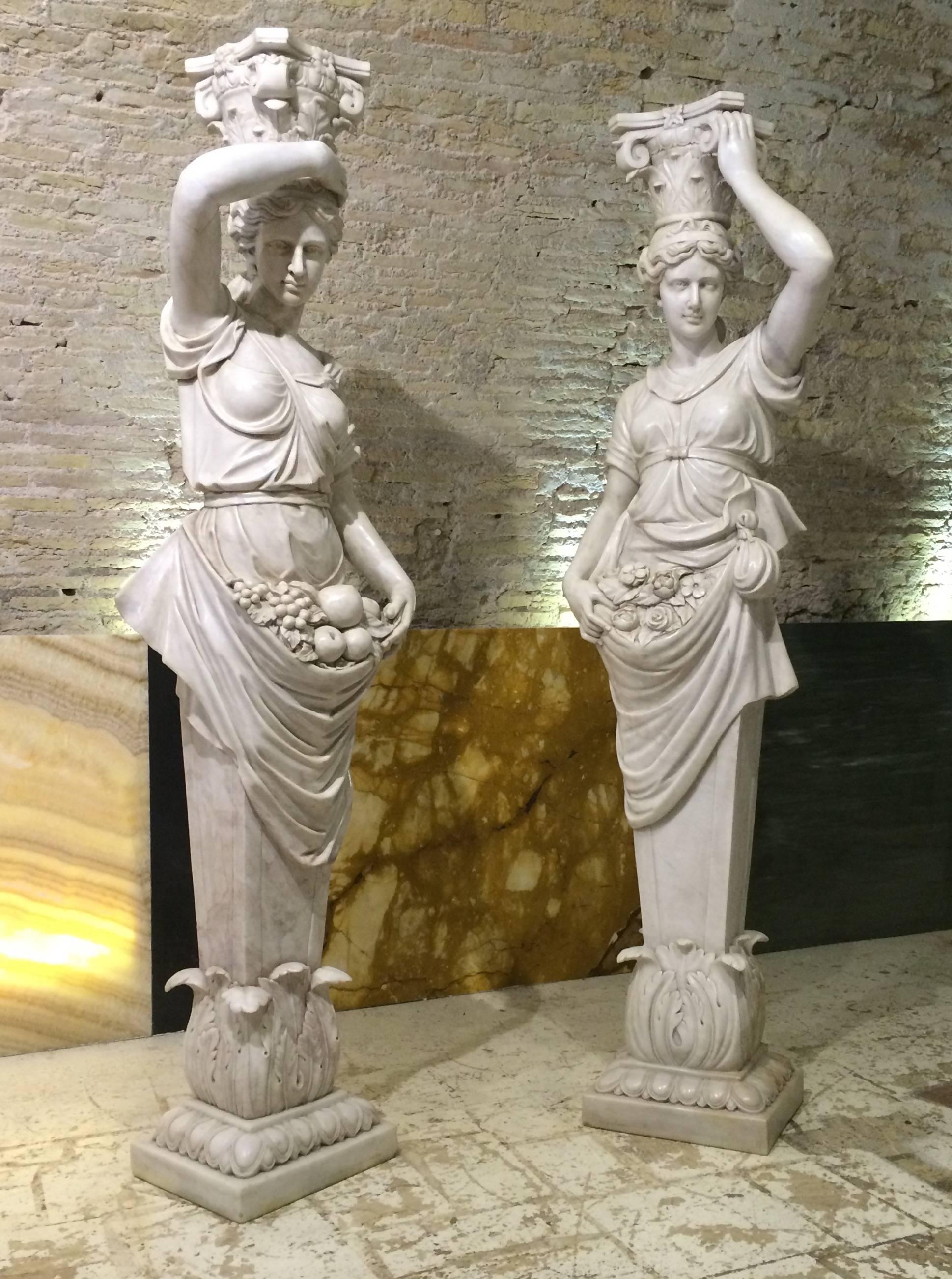 Classical Greek 19th Marble Pair of Sculptures of Caryatids Italian  