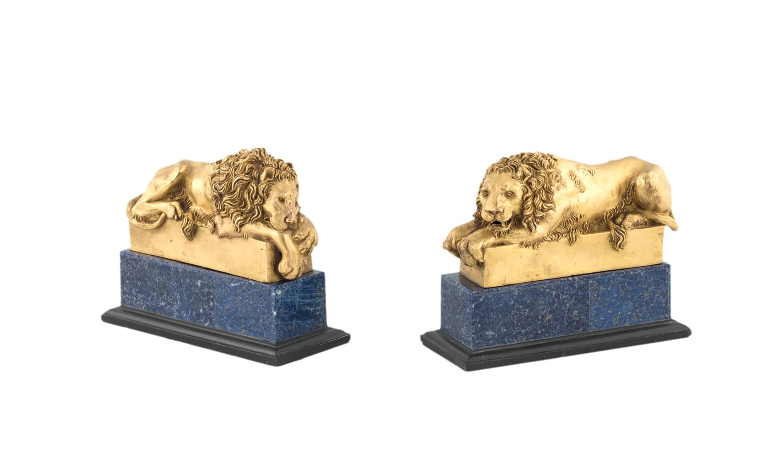 19th Century Pair of Canova Lions in Bronze and Lapis Lazzulo 1