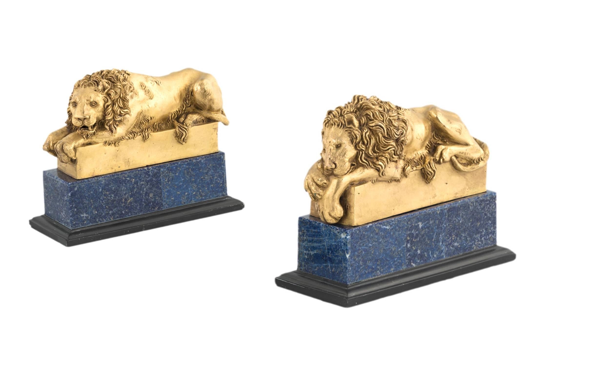 19th Century Pair of Canova Lions in Bronze and Lapis Lazzulo 2