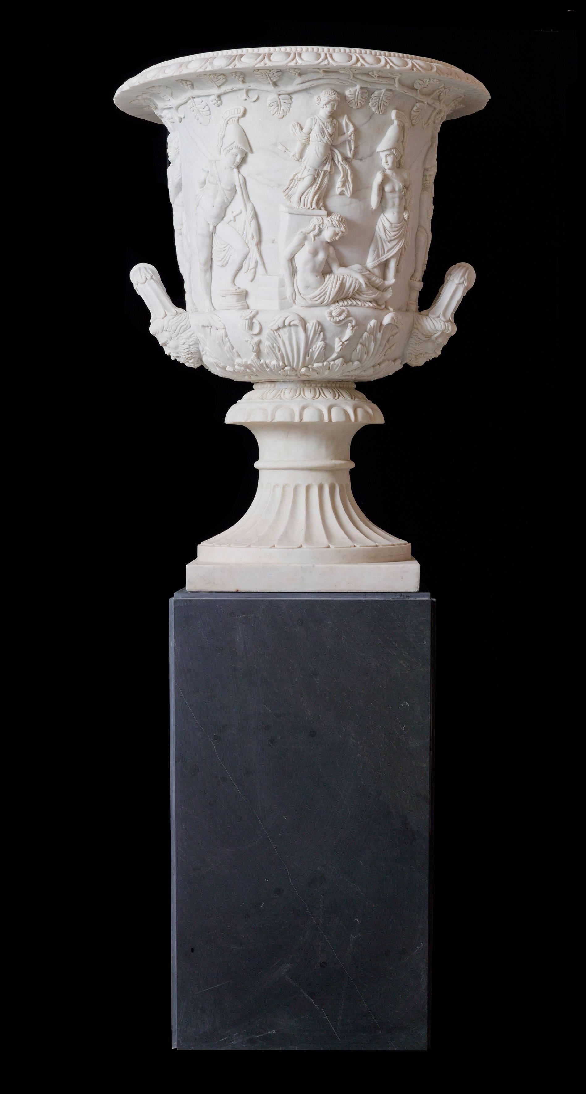 Monumental re-edition of the famous Medici Vase, stored inside the uffizi gallery. Originally founded in Rome at Villa Medici this superb vase, this vase celebrate the heroes warriors perhaps Agamennone, Achilles and Odisseo.
Copies of the