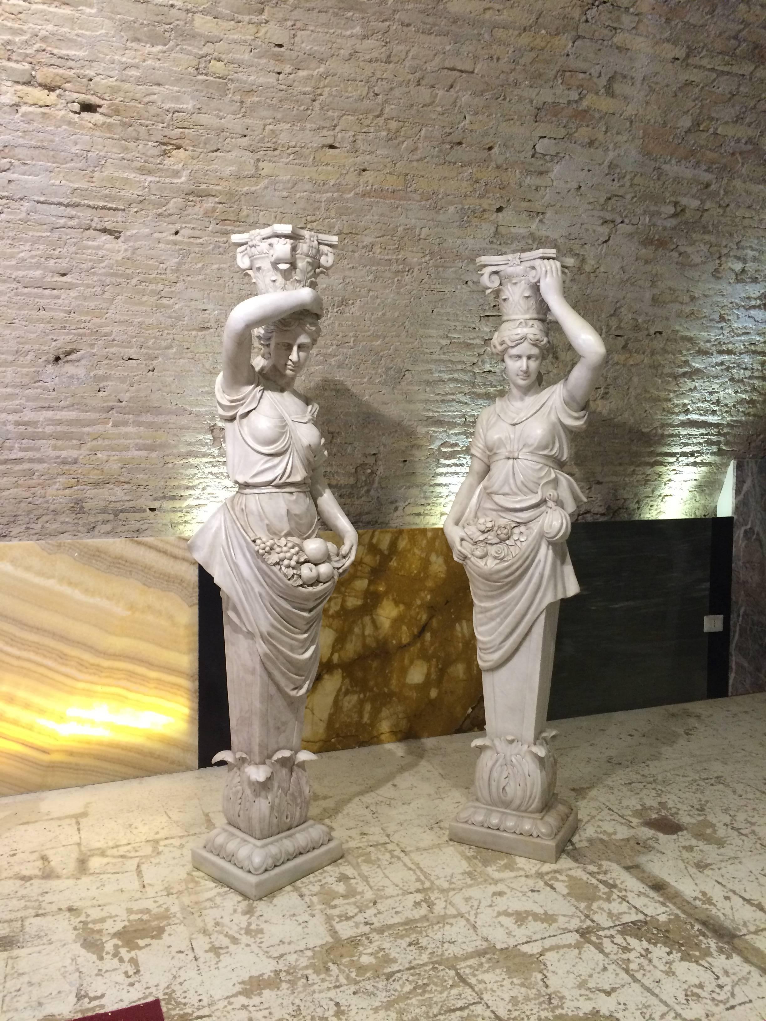 Hand-Carved 19th Marble Pair of Sculptures of Caryatids Italian  
