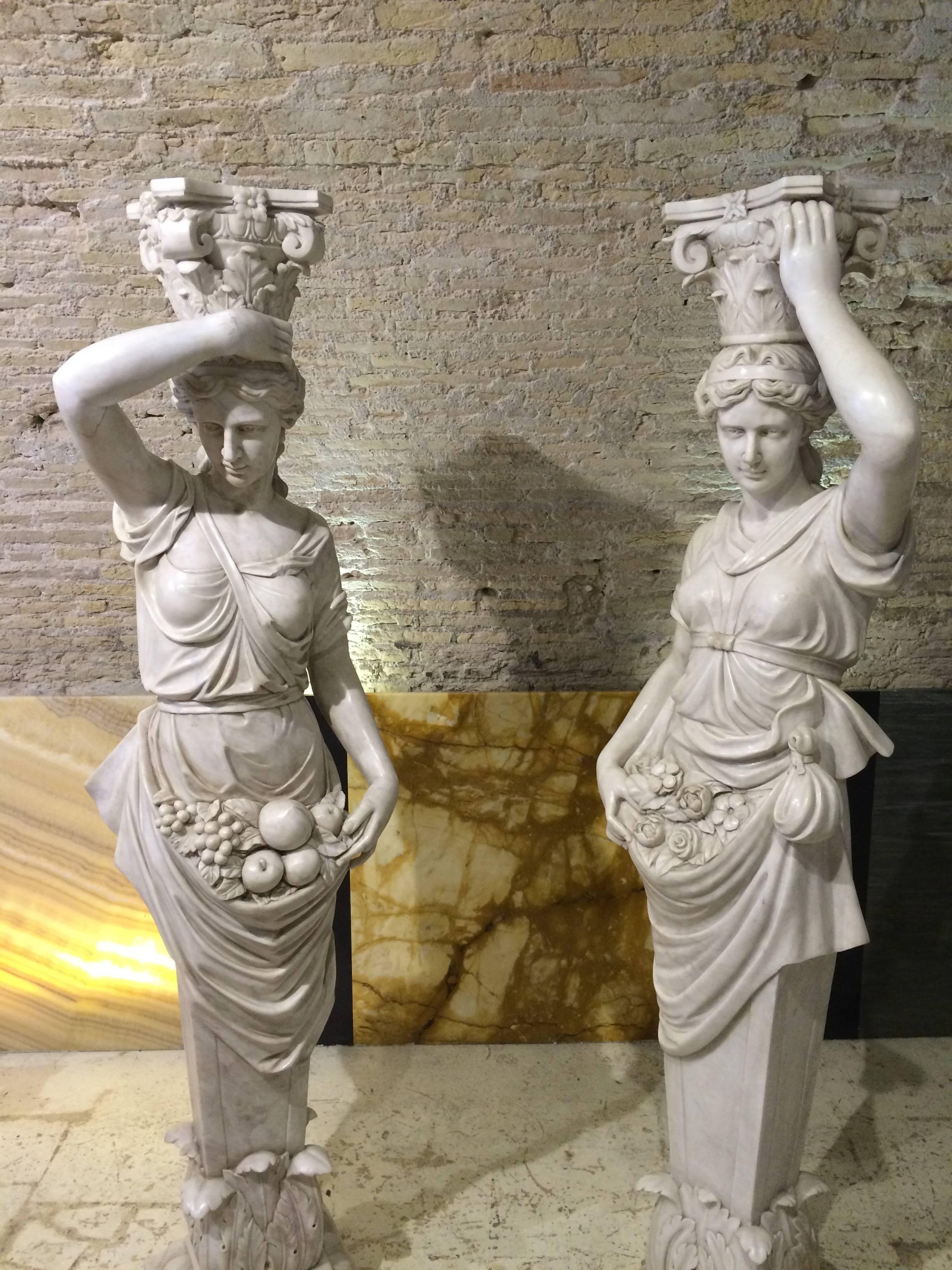 19th Century 19th Marble Pair of Sculptures of Caryatids Italian  