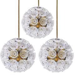 Set of Three Eye-Catching Floral Glass and Brass Chandeliers, 1960s
