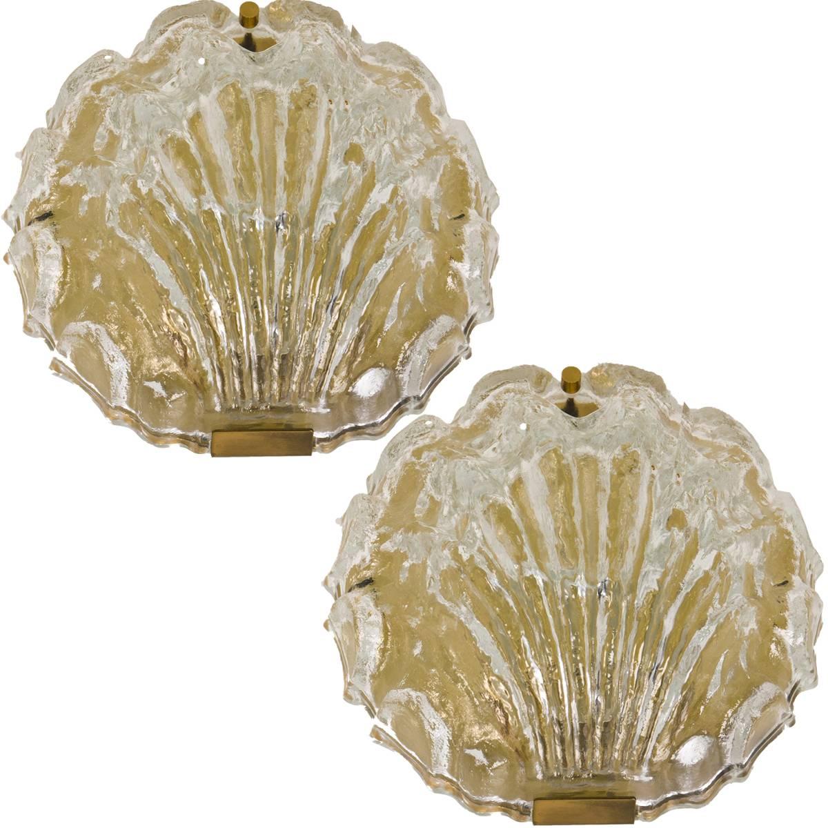 Pair of Golden Ice Glass Shell Wall Sconces from Kalmar, 1960s