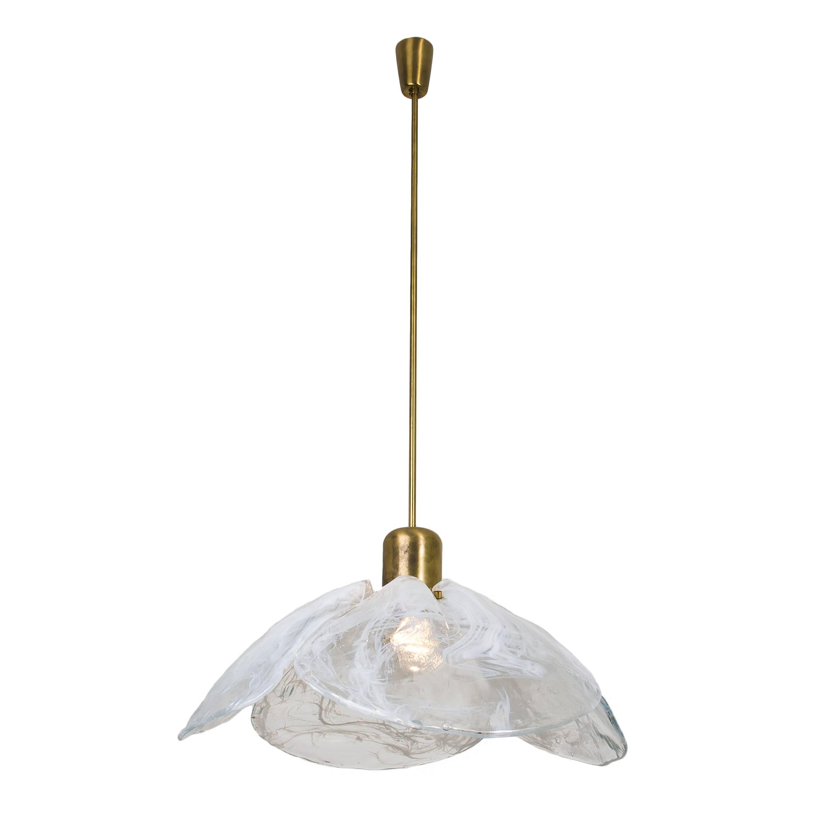 Two beautiful high quality mid-century brass chandeliers with four melting glass panels in the shape of a flower. Designed and executed by Kalmar Vienna in the 1970s. Made of hand-blown melting clear and white glass. 

Cleaned and well-wired, in