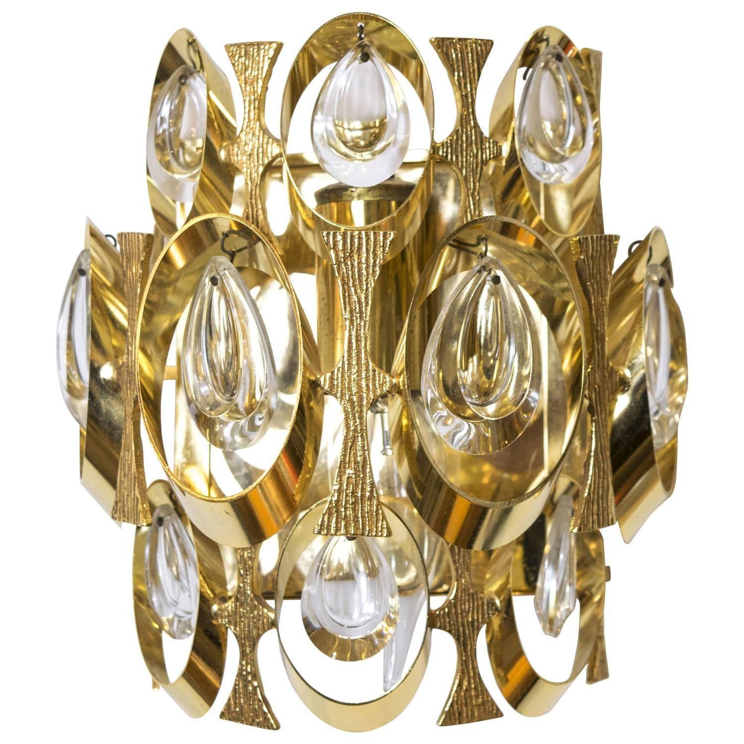 Italian Pair of Crystal and Gold-Plated Sciolari Wall Sconces, Italy, 1960